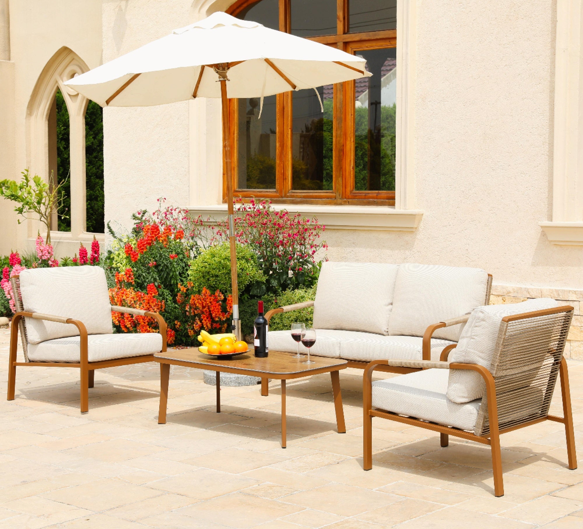 Aluminum Patio Furniture Set, 4 Pieces Outdoor Patio Furniture with Coffee Table Set, Metal Patio Conversation Sets with Washable and High-Resiliency Sponge Cushions,Brown&Beige