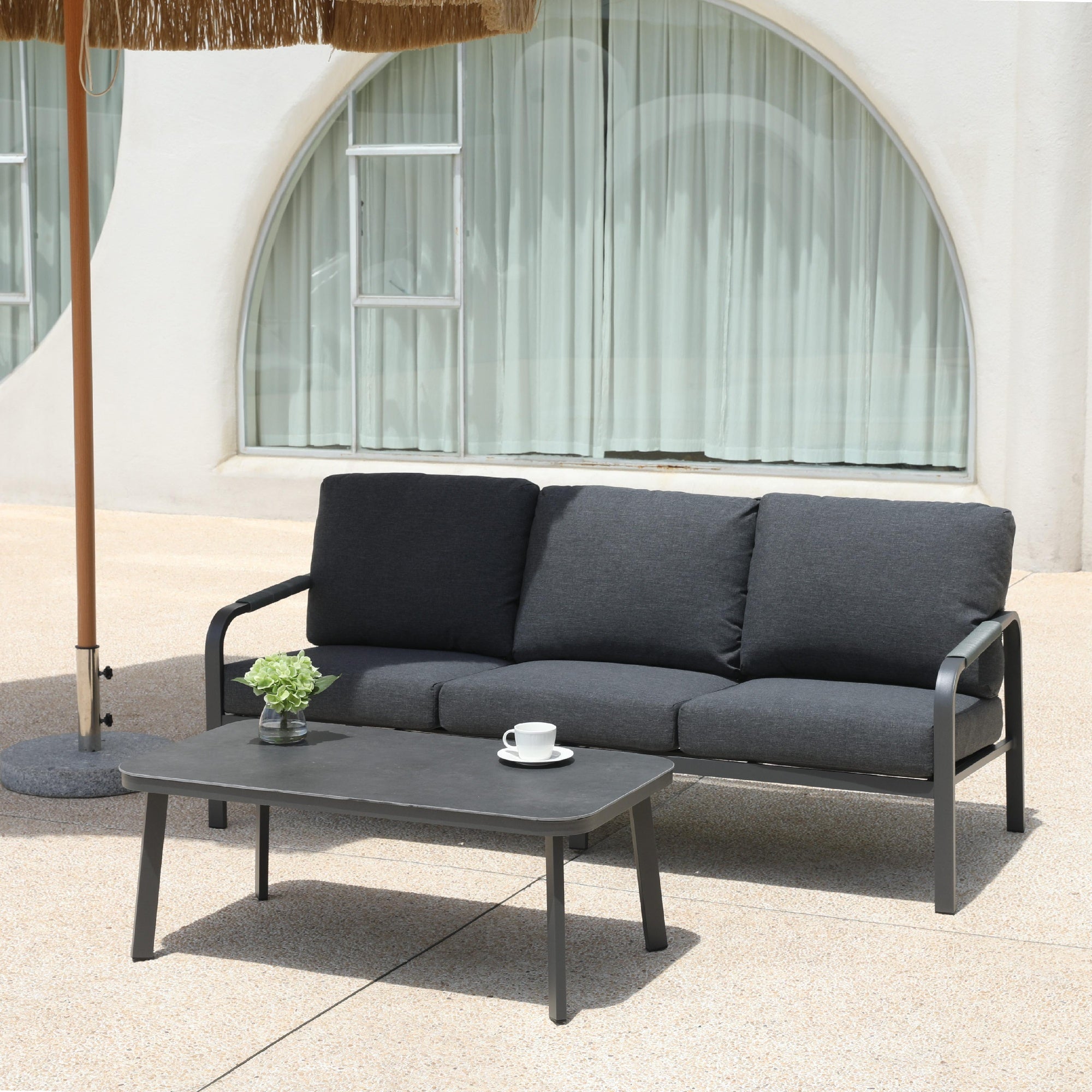 Aluminum Outdoor 2-Piece Sofa Set – Patio Armchairs with Washable Cushions, All-Weather Outdoor Furniture for Balcony, Patio, and Terrace (Beige) (Grey, Three-seat+Coffee Table)