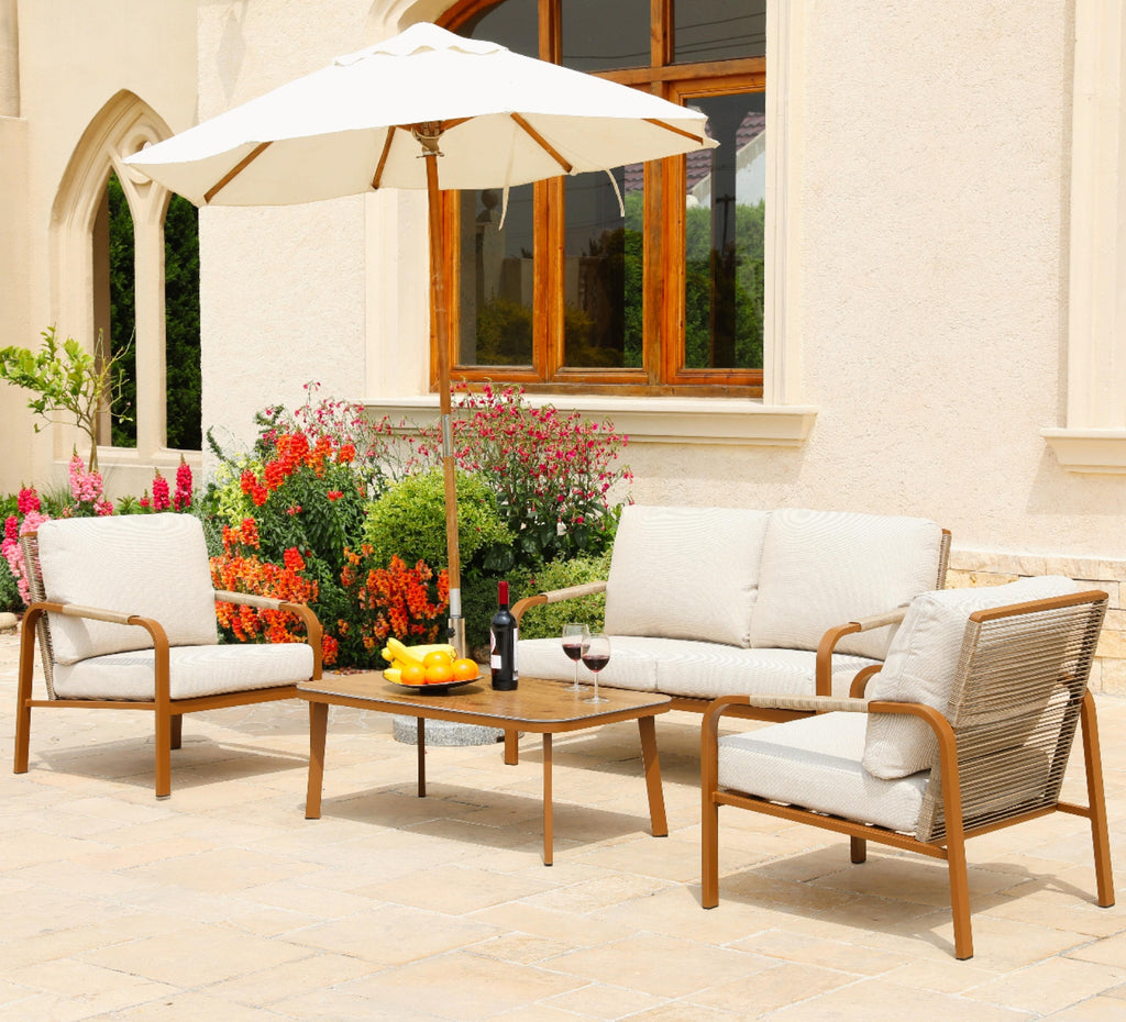 Aluminum Patio Furniture Set, 4 Pieces Outdoor Patio Furniture with Coffee Table Set, Metal Patio Conversation Sets with Washable and High-Resiliency Sponge Cushions,Brown&Beige