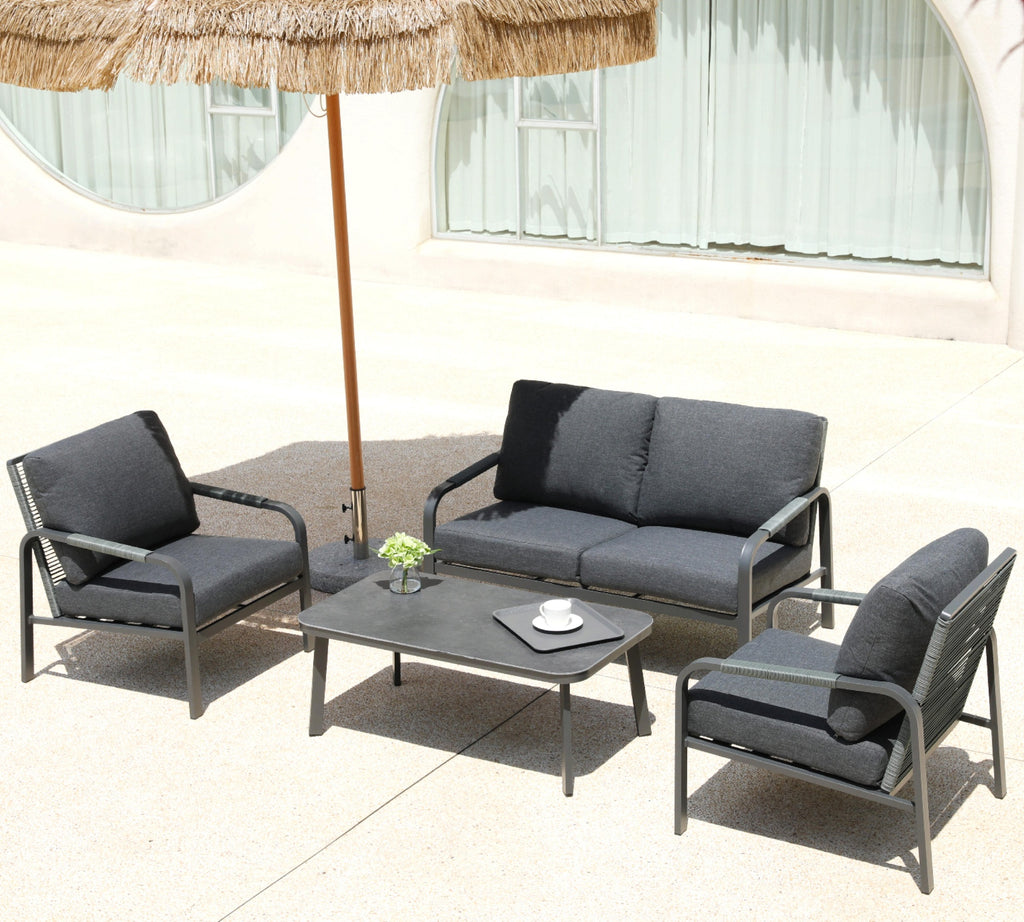 Aluminum Patio Conversation Set, 4-Piece Outdoor Furniture with Coffee Table, Loveseat and Cushions, All-Weather Sofa Set, Grey