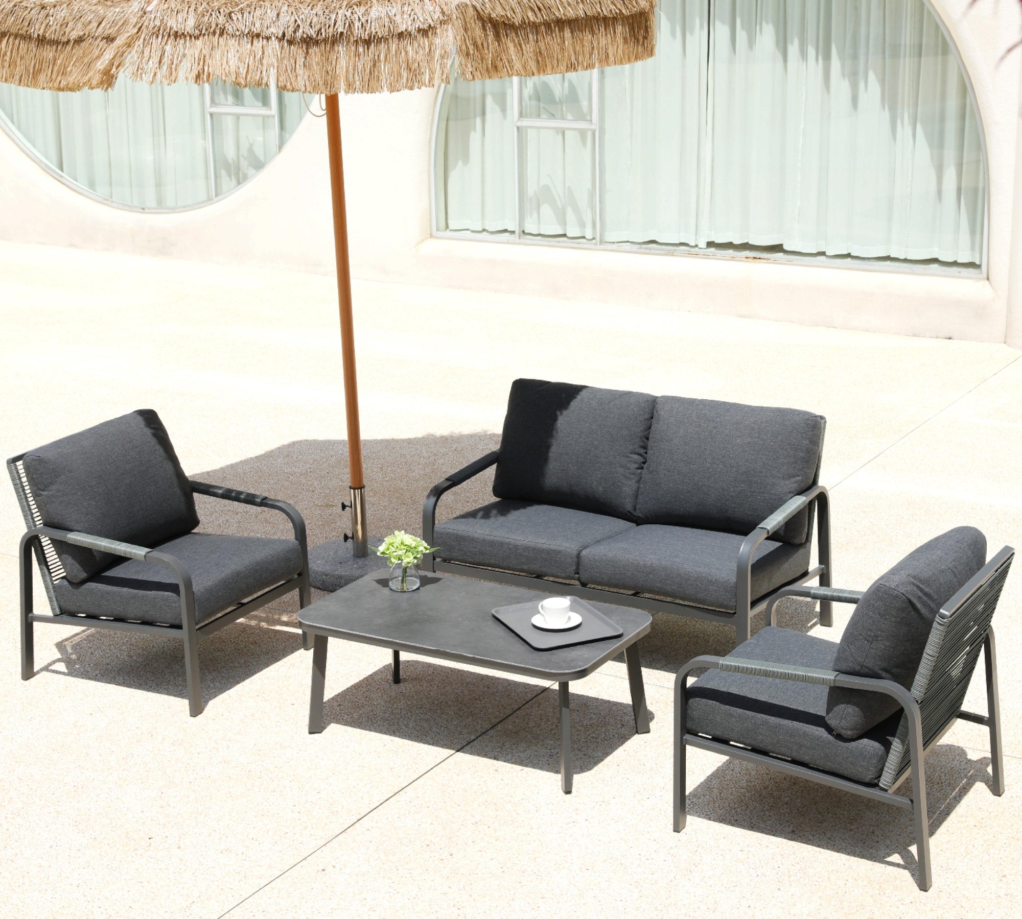 Aluminum Patio Conversation Set, 4-Piece Outdoor Furniture with Coffee Table, Loveseat and Cushions, All-Weather Sofa Set, Grey