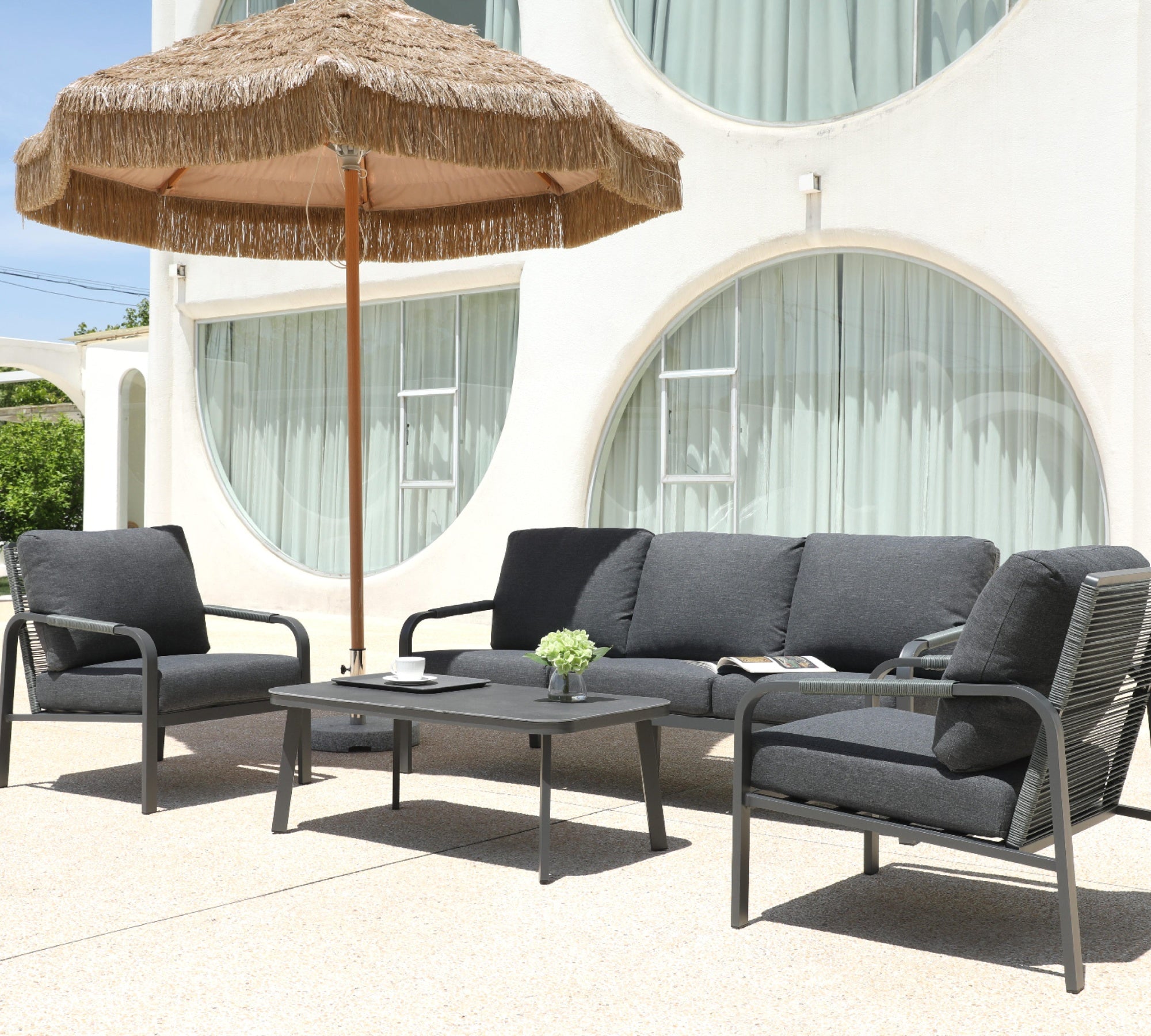 4-Piece Aluminum Outdoor Sofa Set with Coffee Table – 3-Seat Sofa and Rattan-Style Backrests, Perfect for Patio, Balcony, Garden (Grey)