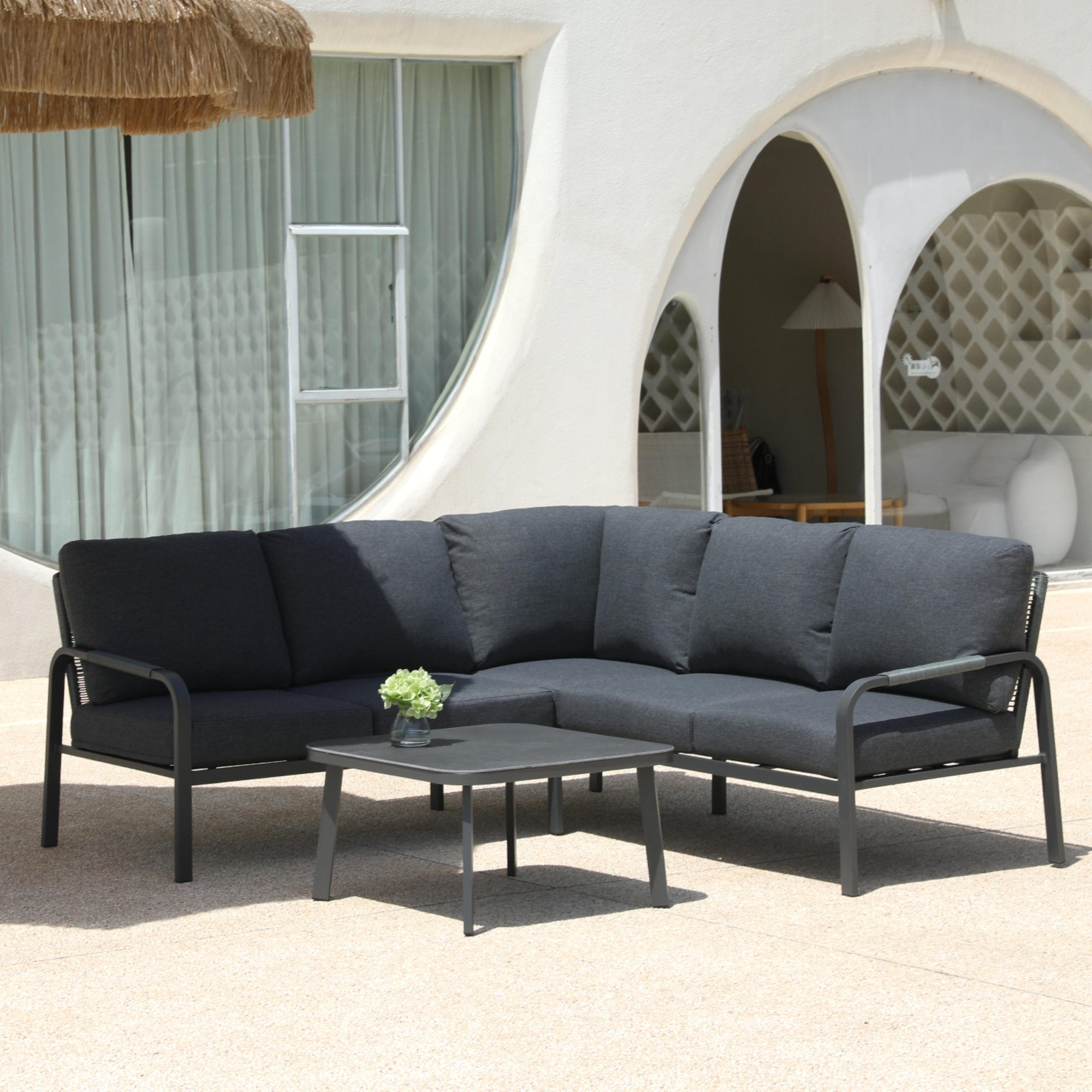 4-Piece Aluminum Outdoor Furniture Set with Coffee Table – 2-Seat Sofa with Cushions, All-Weather Metal Frame, Perfect for Patio, Garden, and Balcony,Beige (Grey, Corner Sofa Set)