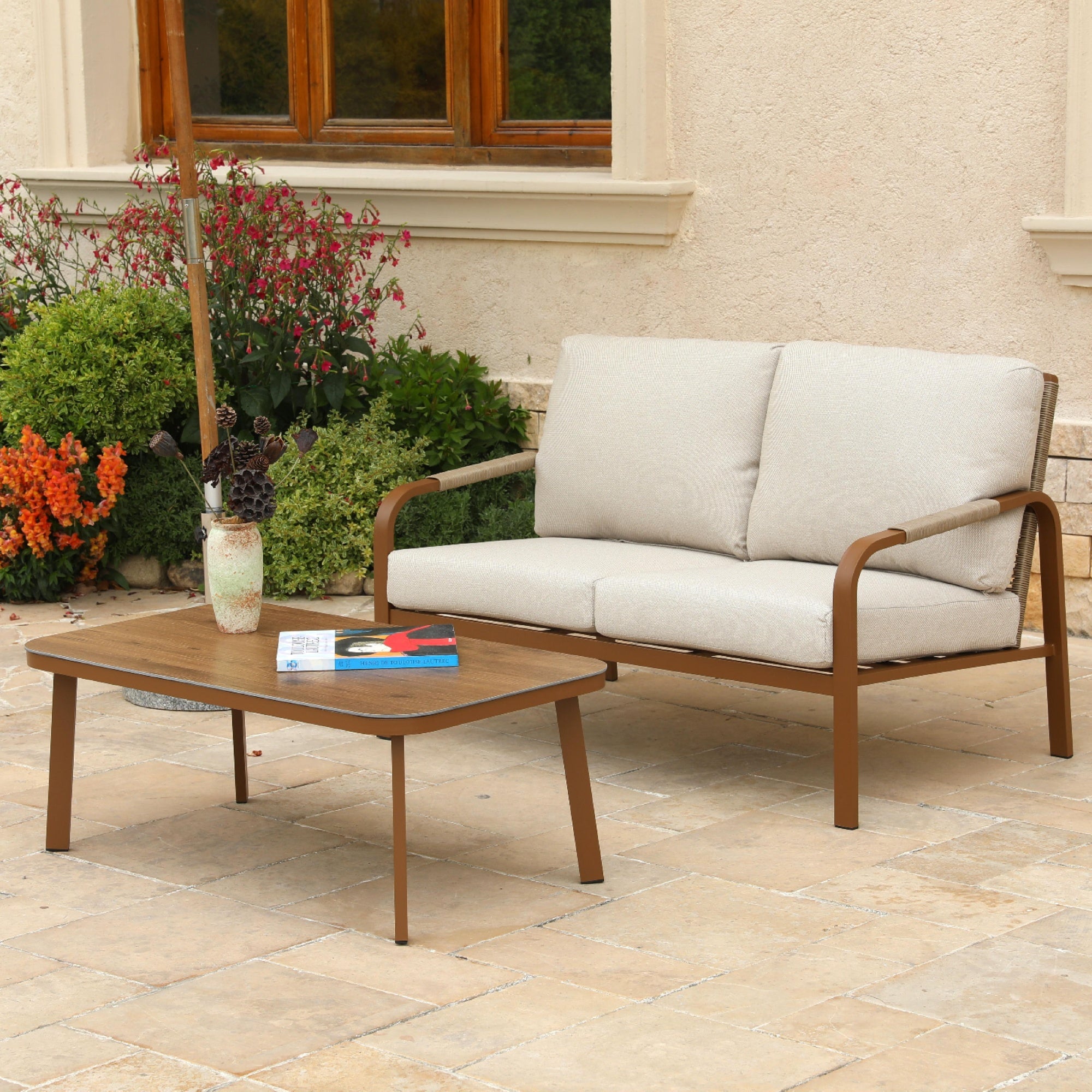 Aluminum Outdoor 2-Piece Sofa Set – Patio Armchairs with Washable Cushions, All-Weather Outdoor Furniture for Balcony, Patio, and Terrace (Beige) (Beige, Loveseat+Coffee Table)