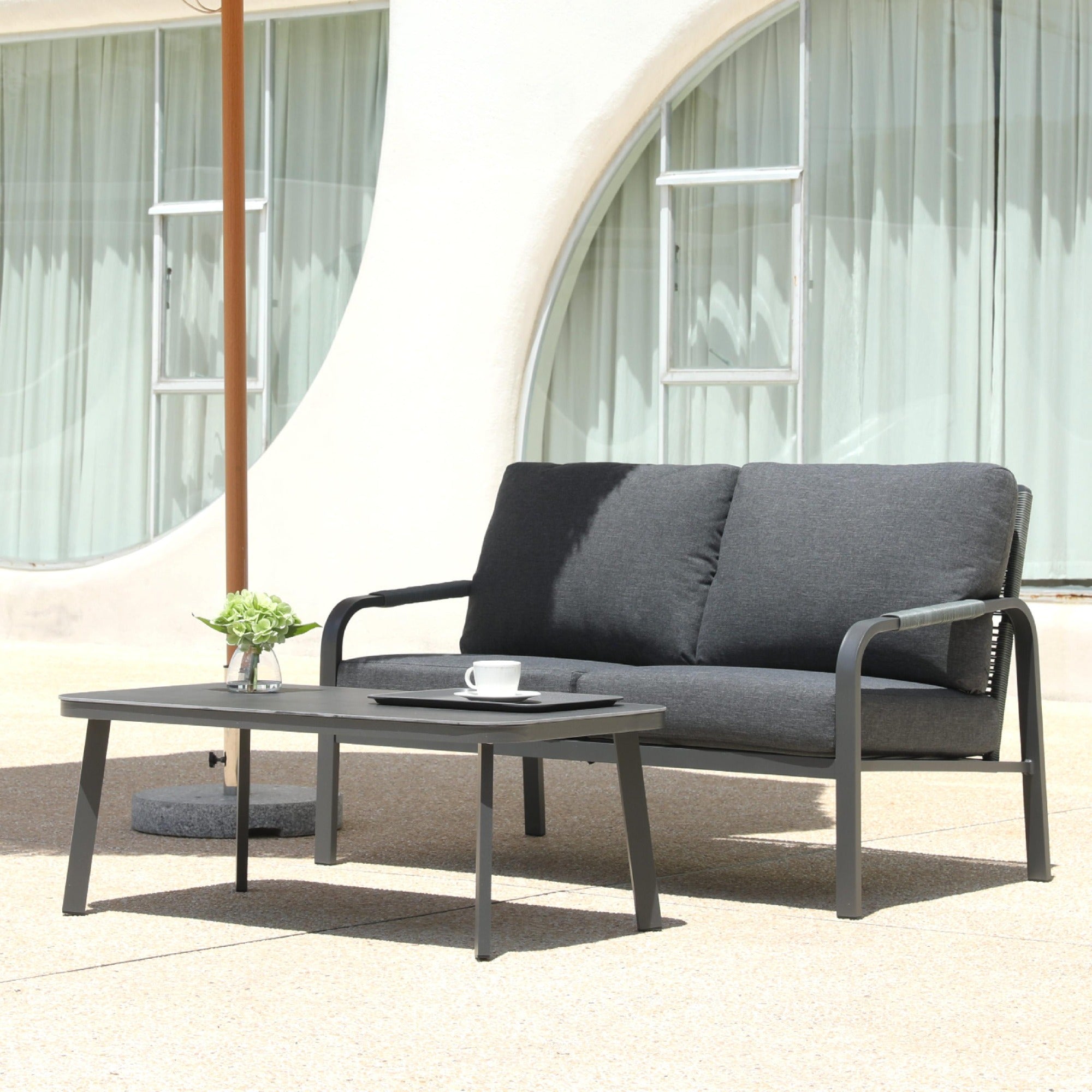 Aluminum Outdoor 2-Piece Sofa Set – Patio Armchairs with Washable Cushions, All-Weather Outdoor Furniture for Balcony, Patio, and Terrace (Beige) (Grey, Loveseat+Coffee Table)