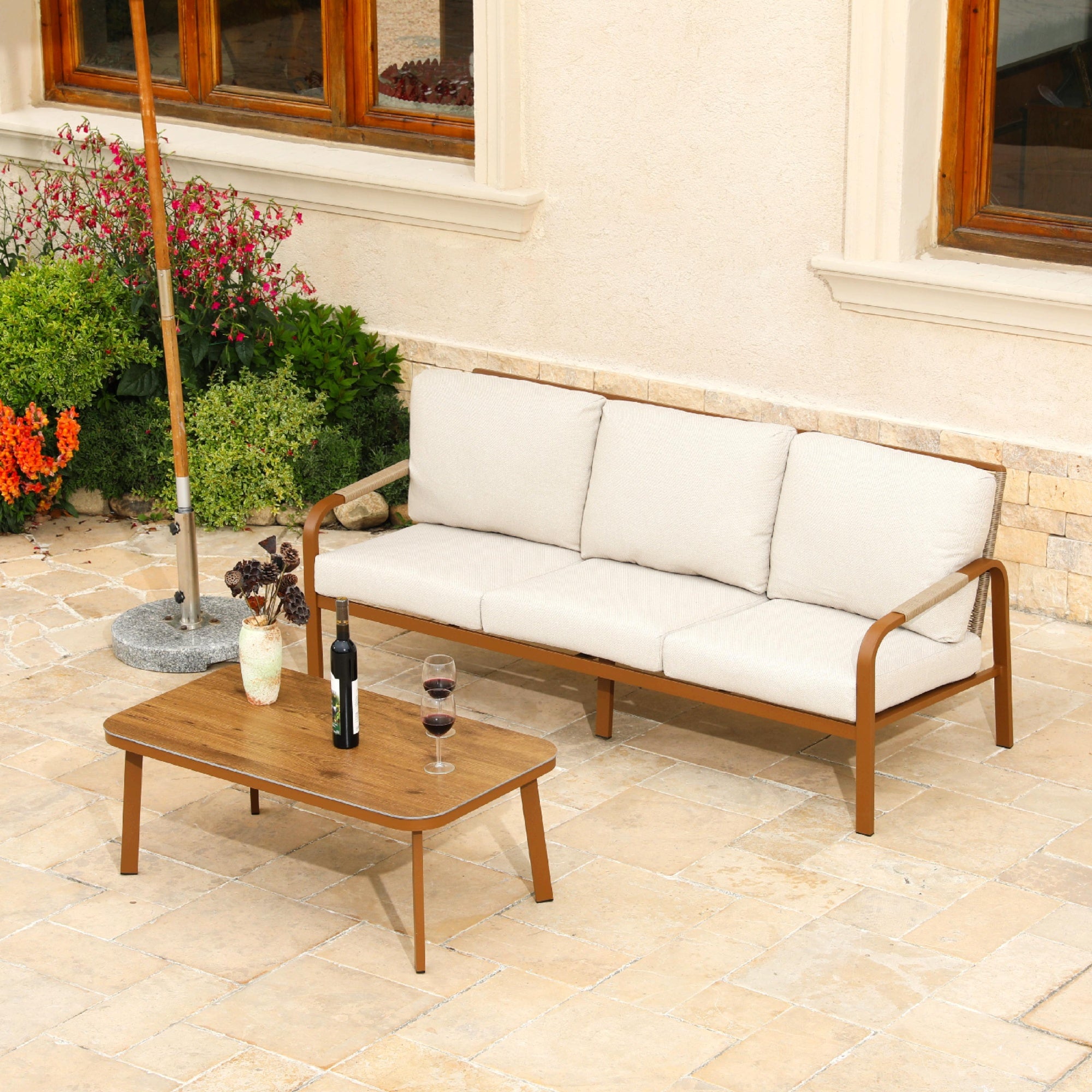Aluminum Outdoor Patio Furniture Set, 2-Piece Metal Modern Outside Sectional 3-Seater Lawn Furniture with Coffee Table & Washable Thick Cushions,Seating Sofa for Garden/Backyard/Porch Beige