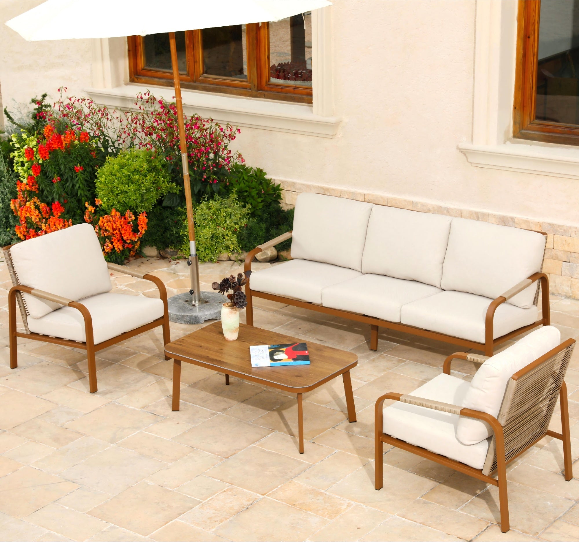 Aluminum Patio Sofa Set, 4-Piece Outdoor Furniture with Coffee Table and Cushions, Garden and Balcony Conversation Set, Beige
