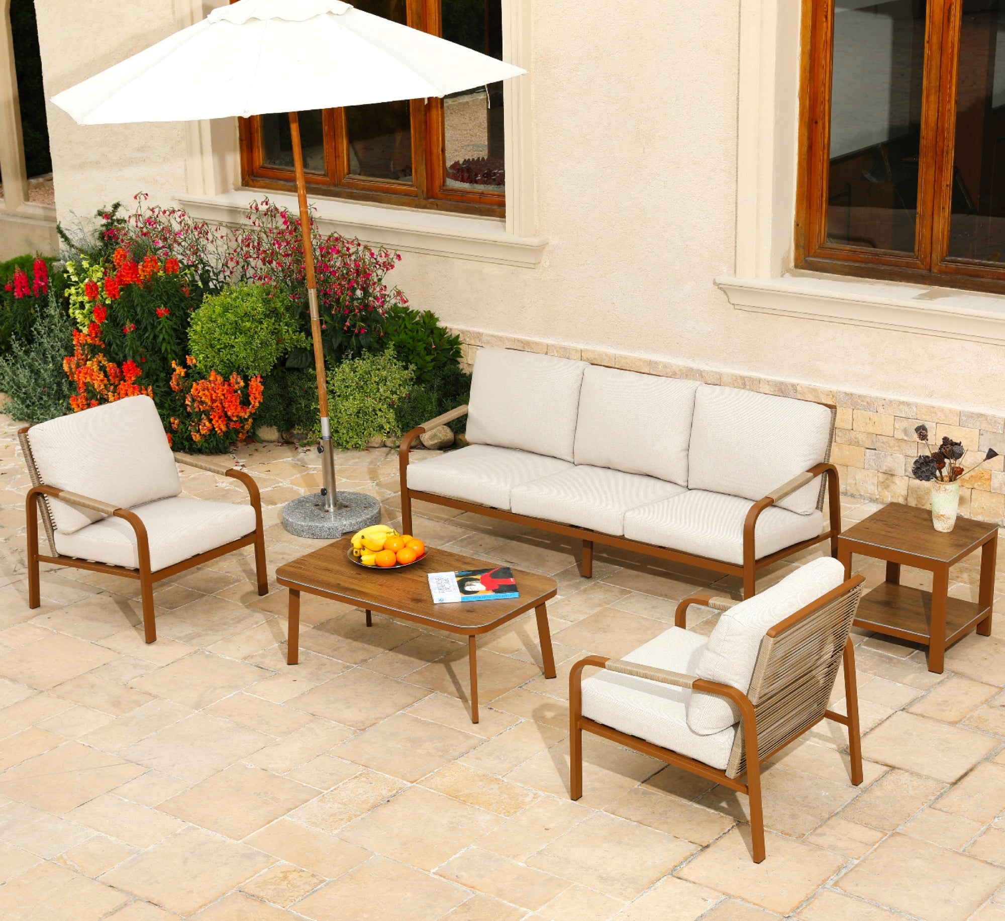 5-Piece Outdoor Patio Sofa Set with Side Table – Hand-Woven Rattan Design, Aluminum Frame, Waterproof Cushions, Perfect for Terrace, Porch, and Balcony (Beige)