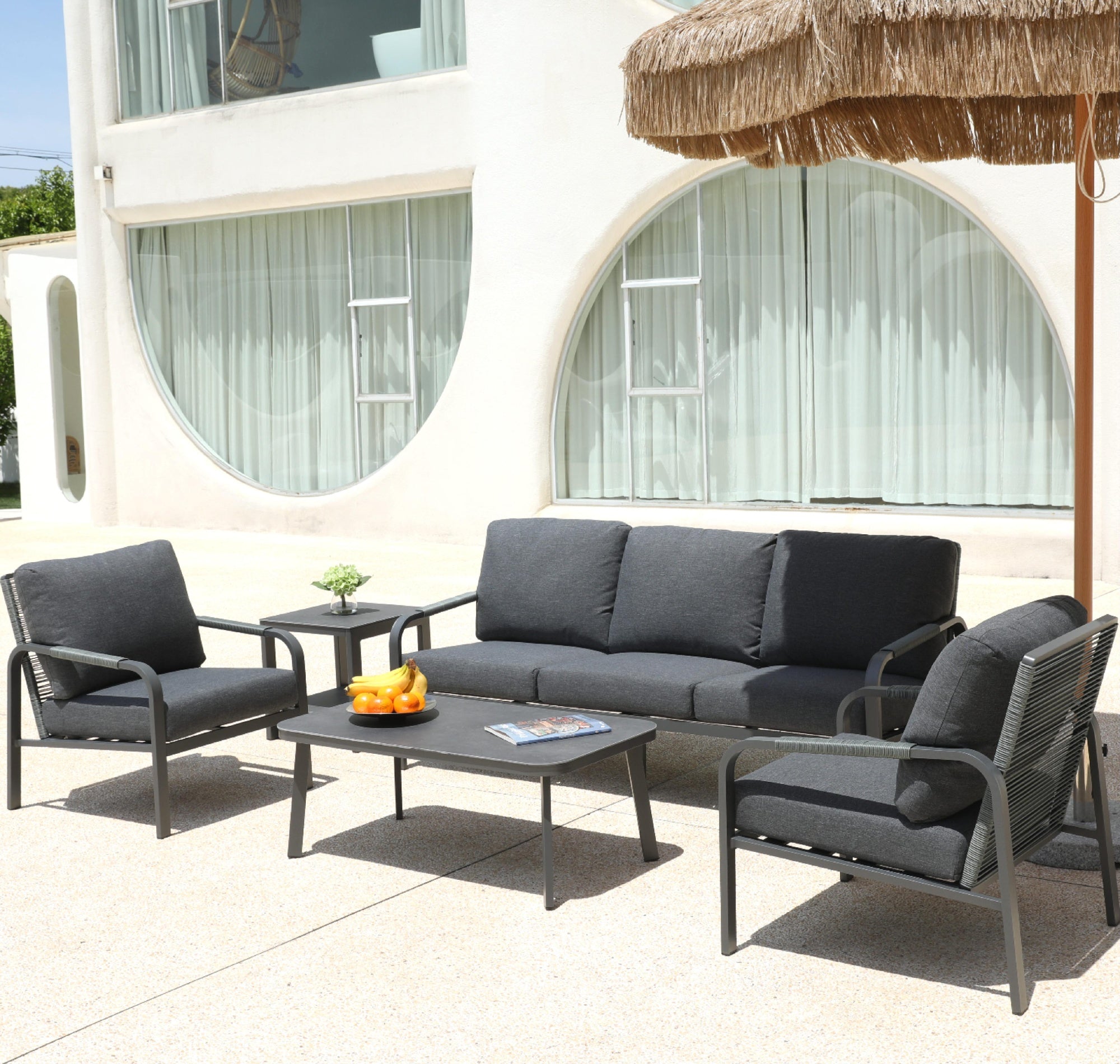 5-Piece Outdoor Patio Furniture Set – Aluminum Frame with Side Table, Hand-Woven Rattan Design, Waterproof Fabric, Ideal for Patio, Deck, and Porch (Grey)
