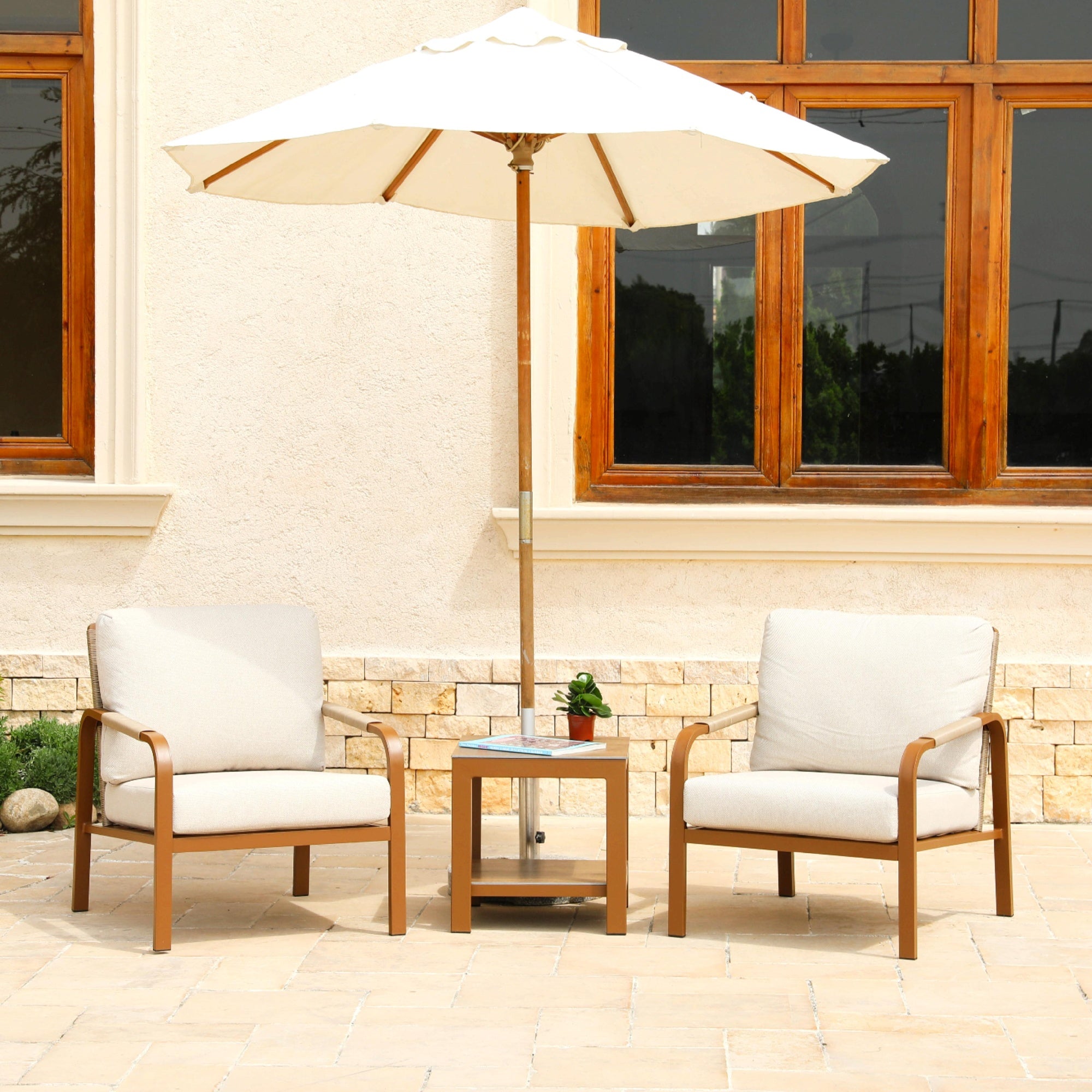 3-Piece Outdoor Bistro Set - Hand-Woven Rattan Patio Furniture with Aluminum Frame, Coffee Table & Waterproof Cushions, for Patio/Deck/Porch (Beige) (Beige, Small Bistro Set)