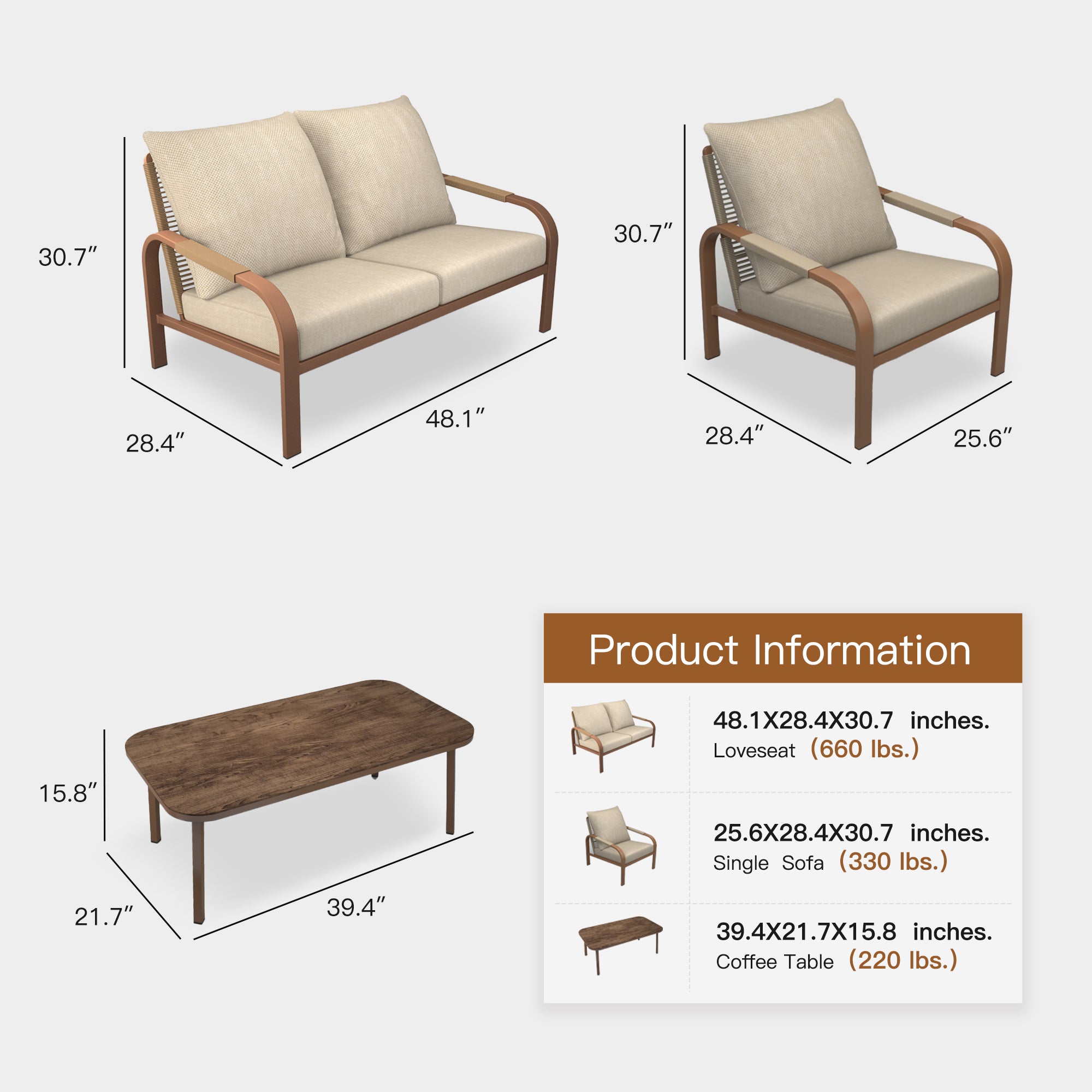 Aluminum Patio Furniture Set, 4 Pieces Outdoor Patio Furniture with Coffee Table Set, Metal Patio Conversation Sets with Washable and High-Resiliency Sponge Cushions,Brown&Beige