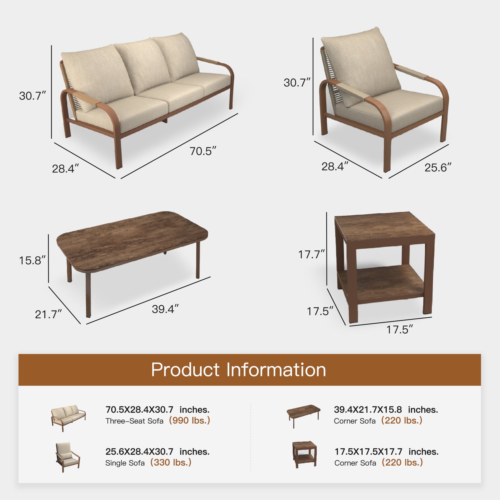 5-Piece Outdoor Patio Sofa Set with Side Table – Hand-Woven Rattan Design, Aluminum Frame, Waterproof Cushions, Perfect for Terrace, Porch, and Balcony (Beige)