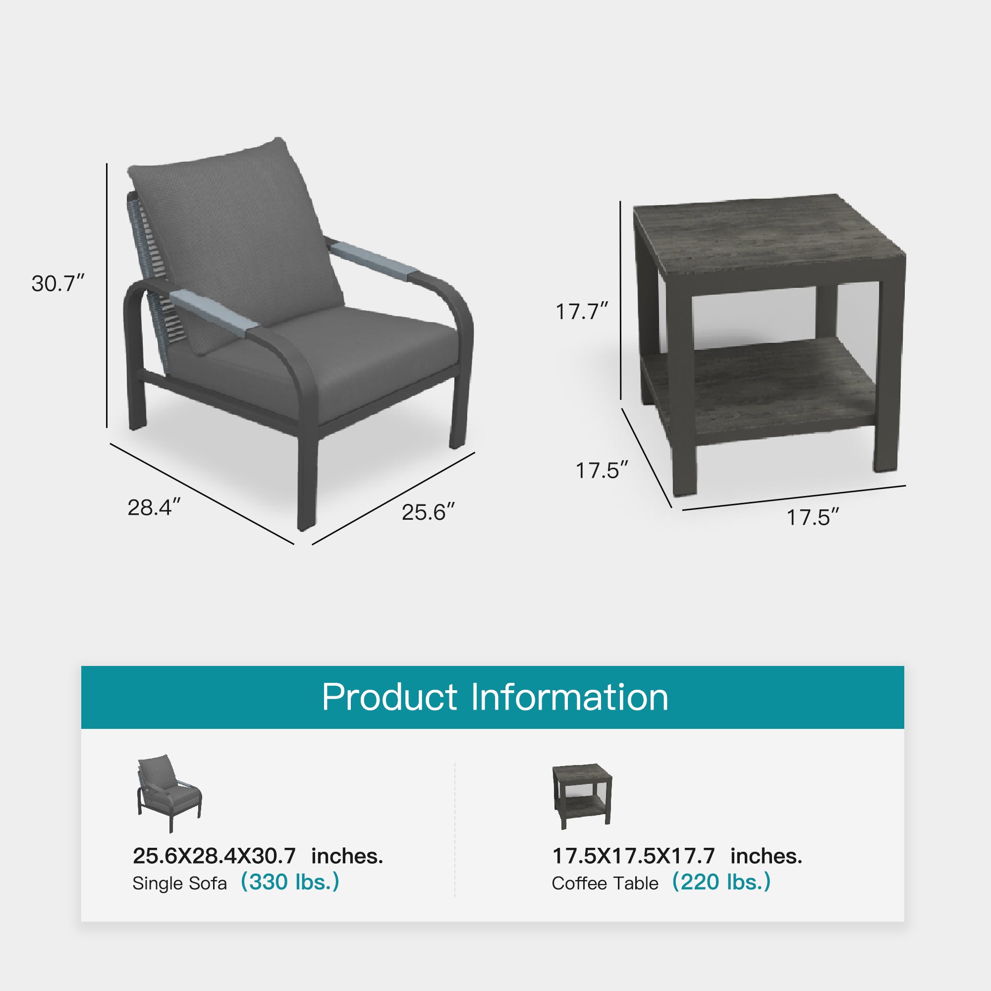 Aluminum Outdoor 2-Piece Sofa Set – Patio Armchairs with Washable Cushions, All-Weather Outdoor Furniture for Balcony, Patio, and Terrace (Grey, Small Bistro Set)