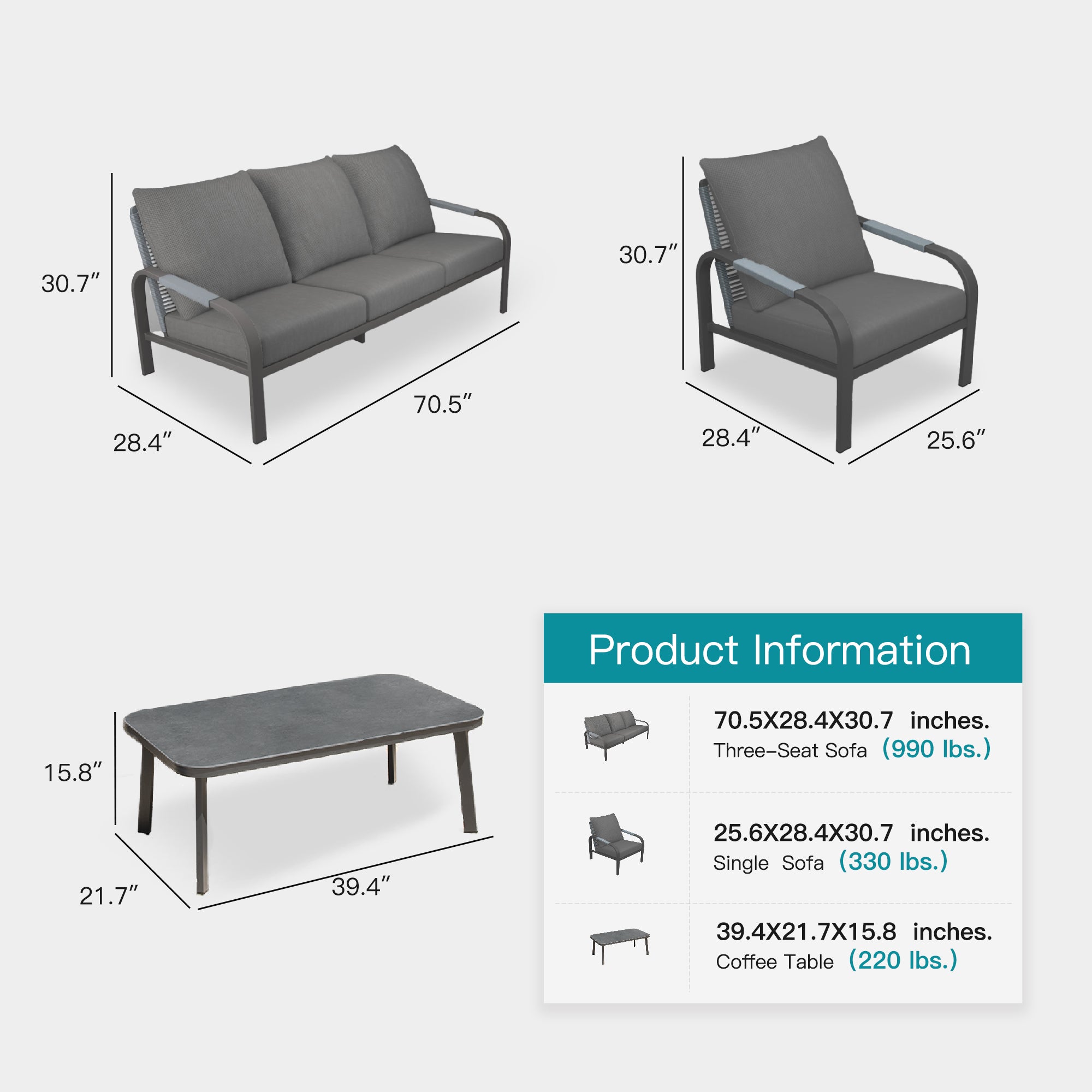 4-Piece Aluminum Outdoor Sofa Set with Coffee Table – 3-Seat Sofa and Rattan-Style Backrests, Perfect for Patio, Balcony, Garden (Grey)