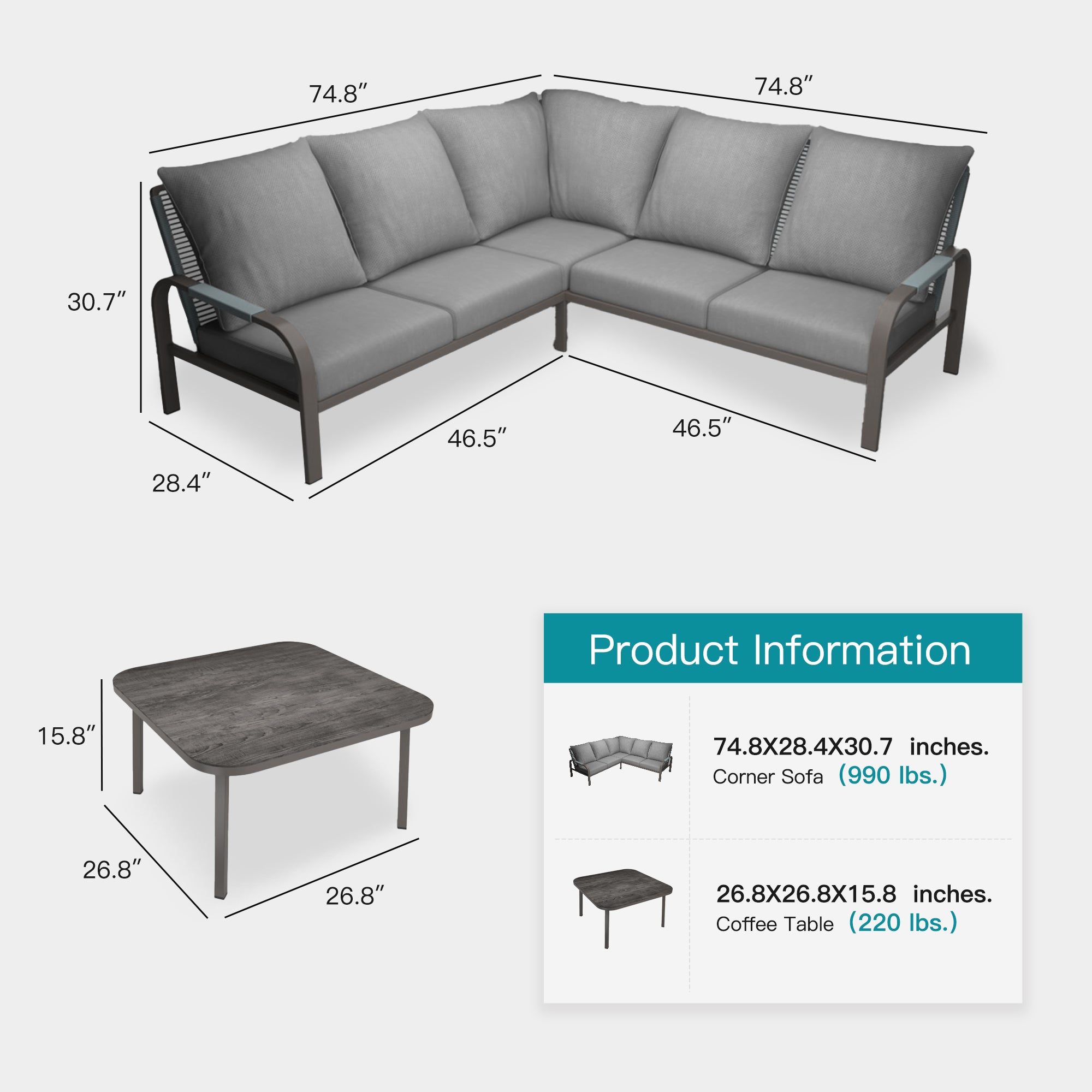 4-Piece Aluminum Outdoor Furniture Set with Coffee Table – 2-Seat Sofa with Cushions, All-Weather Metal Frame, Perfect for Patio, Garden, and Balcony,Beige (Grey, Corner Sofa Set)