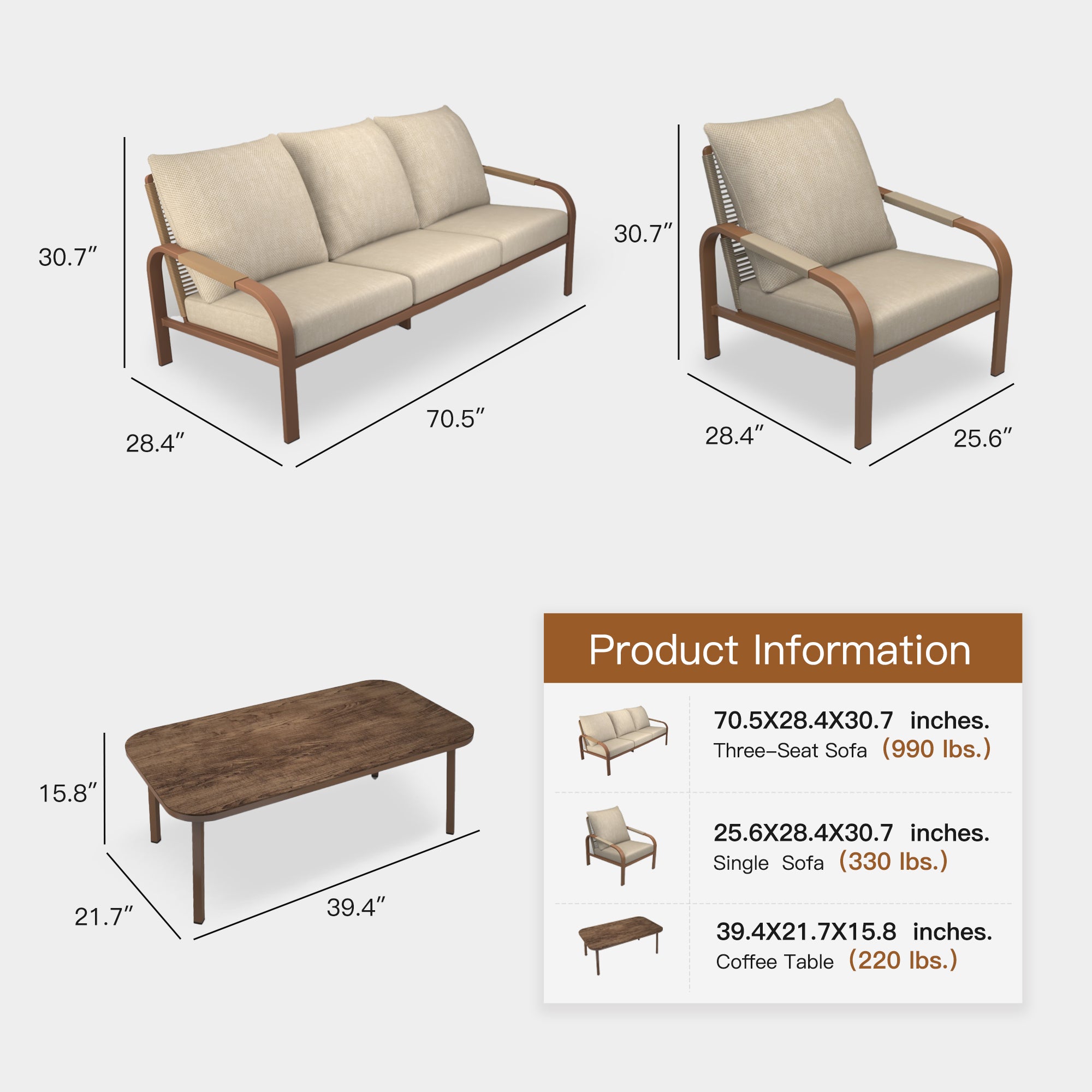 Aluminum Patio Sofa Set, 4-Piece Outdoor Furniture with Coffee Table and Cushions, Garden and Balcony Conversation Set, Beige