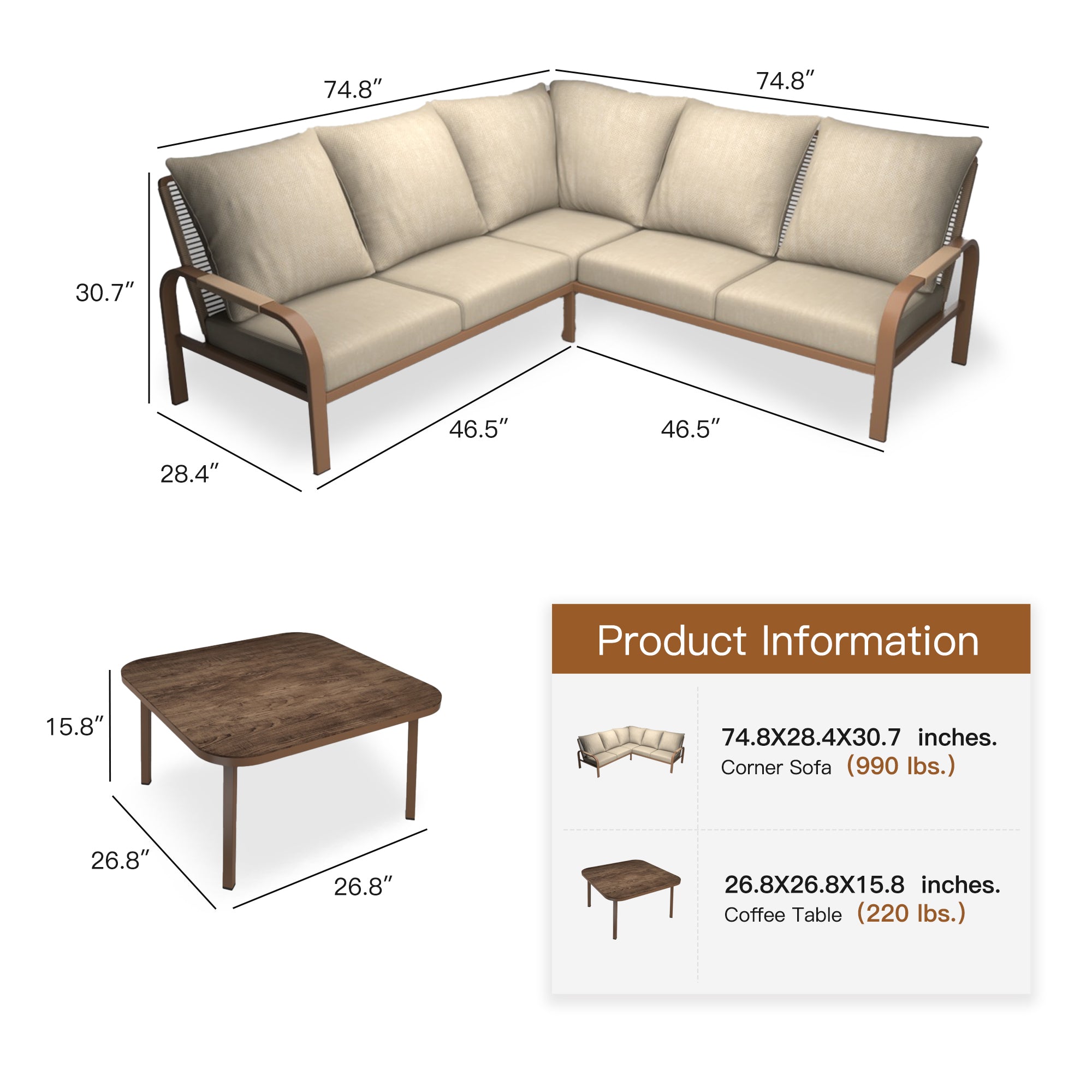 4-Piece Aluminum Outdoor Furniture Set with Coffee Table – 2-Seat Sofa with Cushions, All-Weather Metal Frame, Perfect for Patio, Garden, and Balcony,Beige (Beige, Corner Sofa Set)