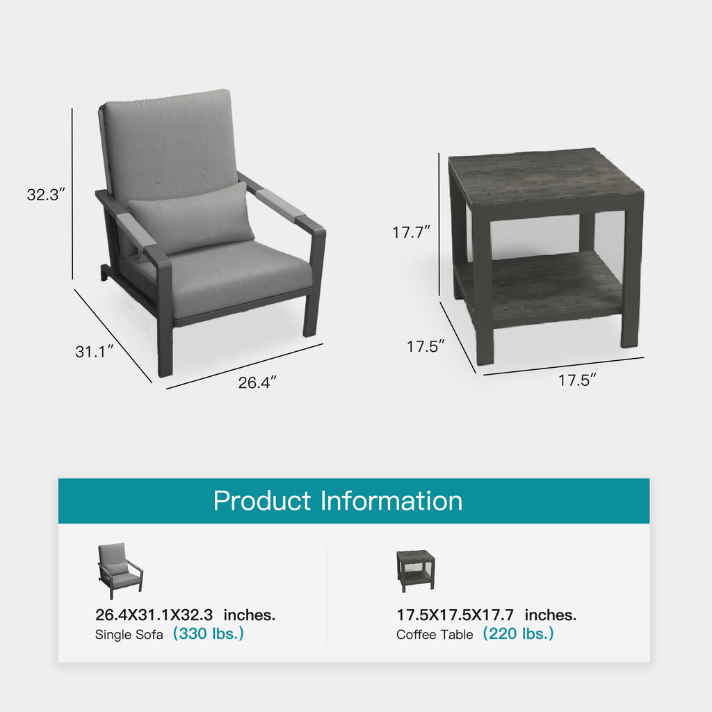 Patio Furniture Set, 3 Pieces Outdoor Patio Furniture with Coffee Table Set, Metal Patio Conversation Sets with Washable and High-Resiliency Sponge Cushions,Upgarded Grey
