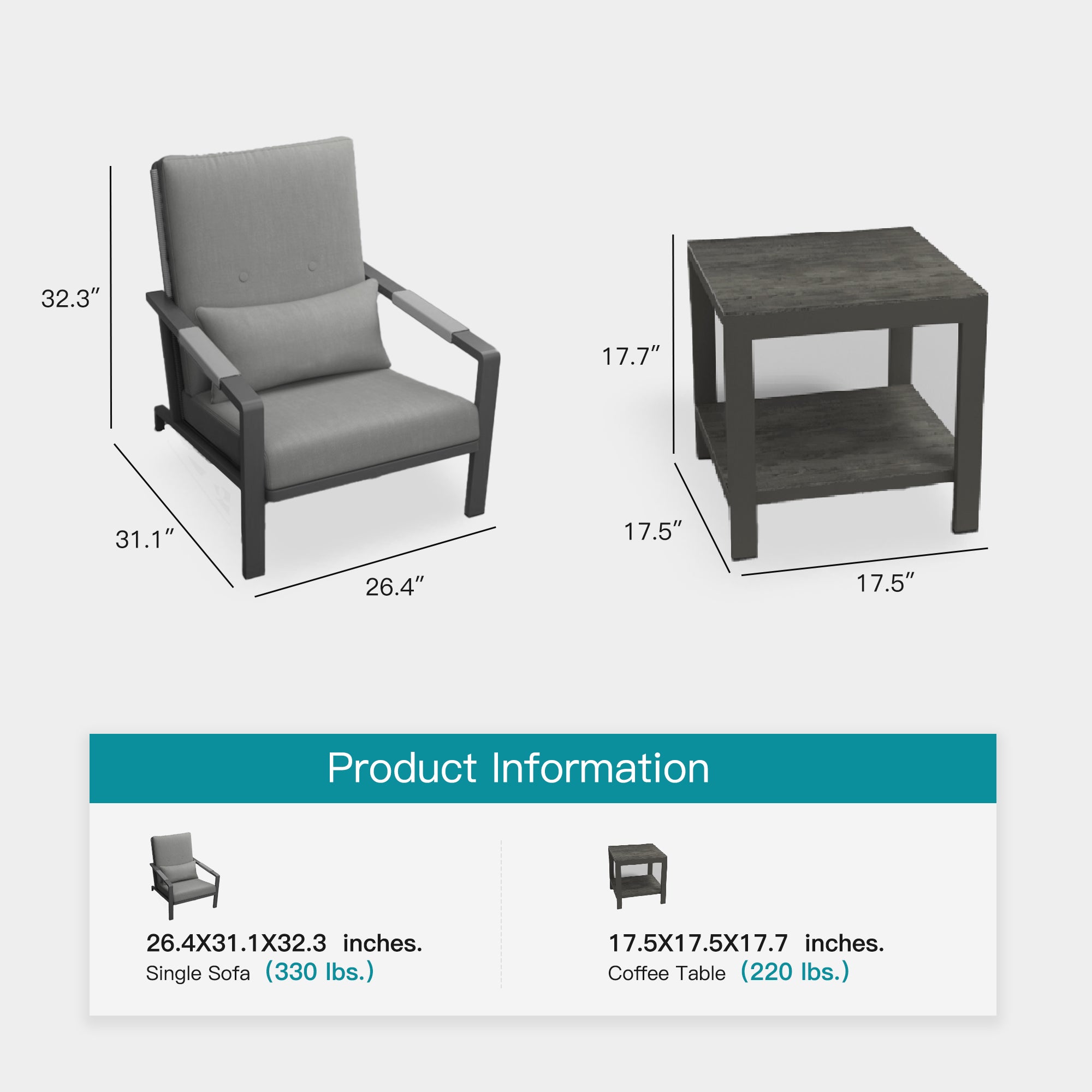 Patio Furniture Set, 3 Pieces Outdoor Patio Furniture with Coffee Table Set, Metal Patio Conversation Sets with Washable and High-Resiliency Sponge Cushions,Upgarded Grey