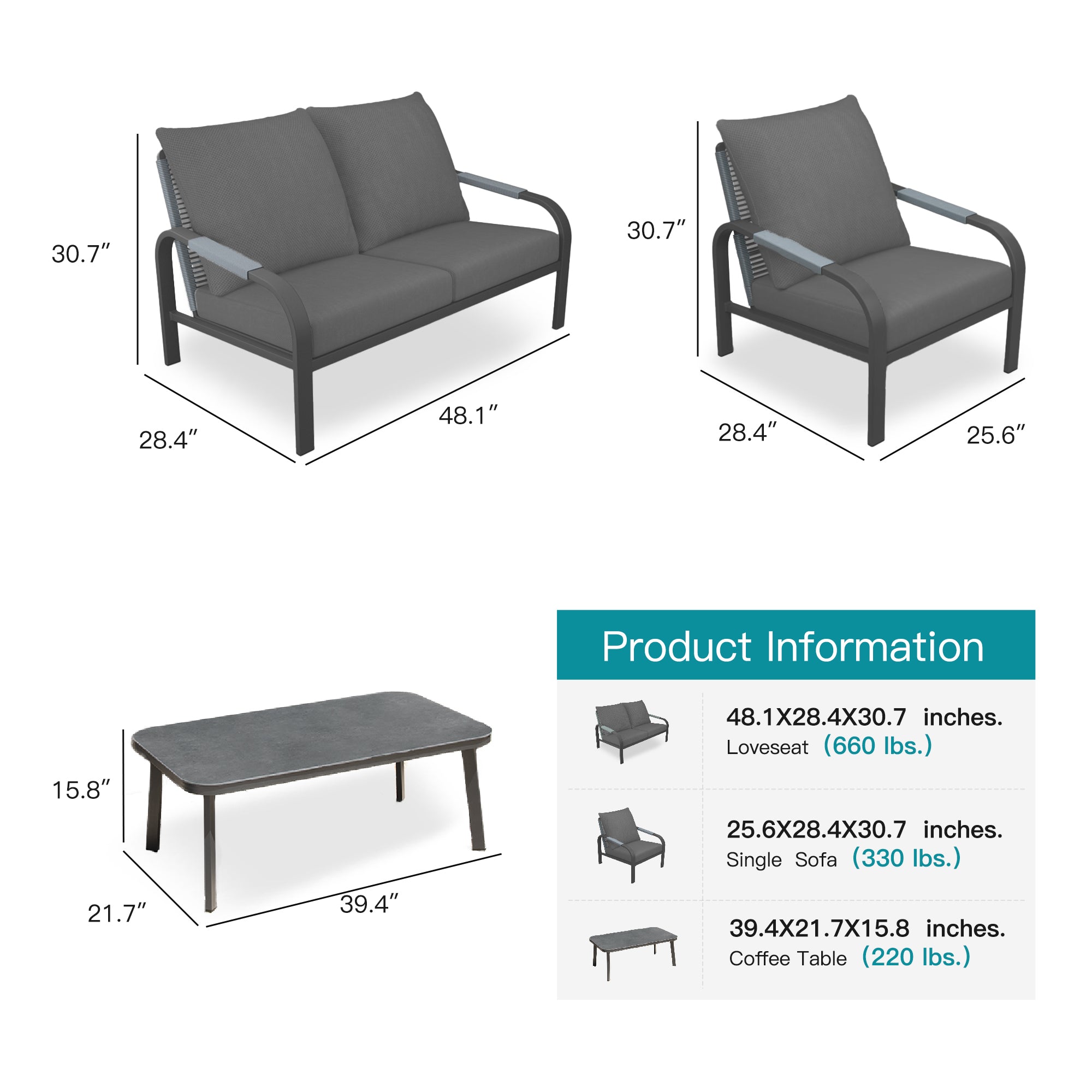 Aluminum Patio Conversation Set, 4-Piece Outdoor Furniture with Coffee Table, Loveseat and Cushions, All-Weather Sofa Set, Grey