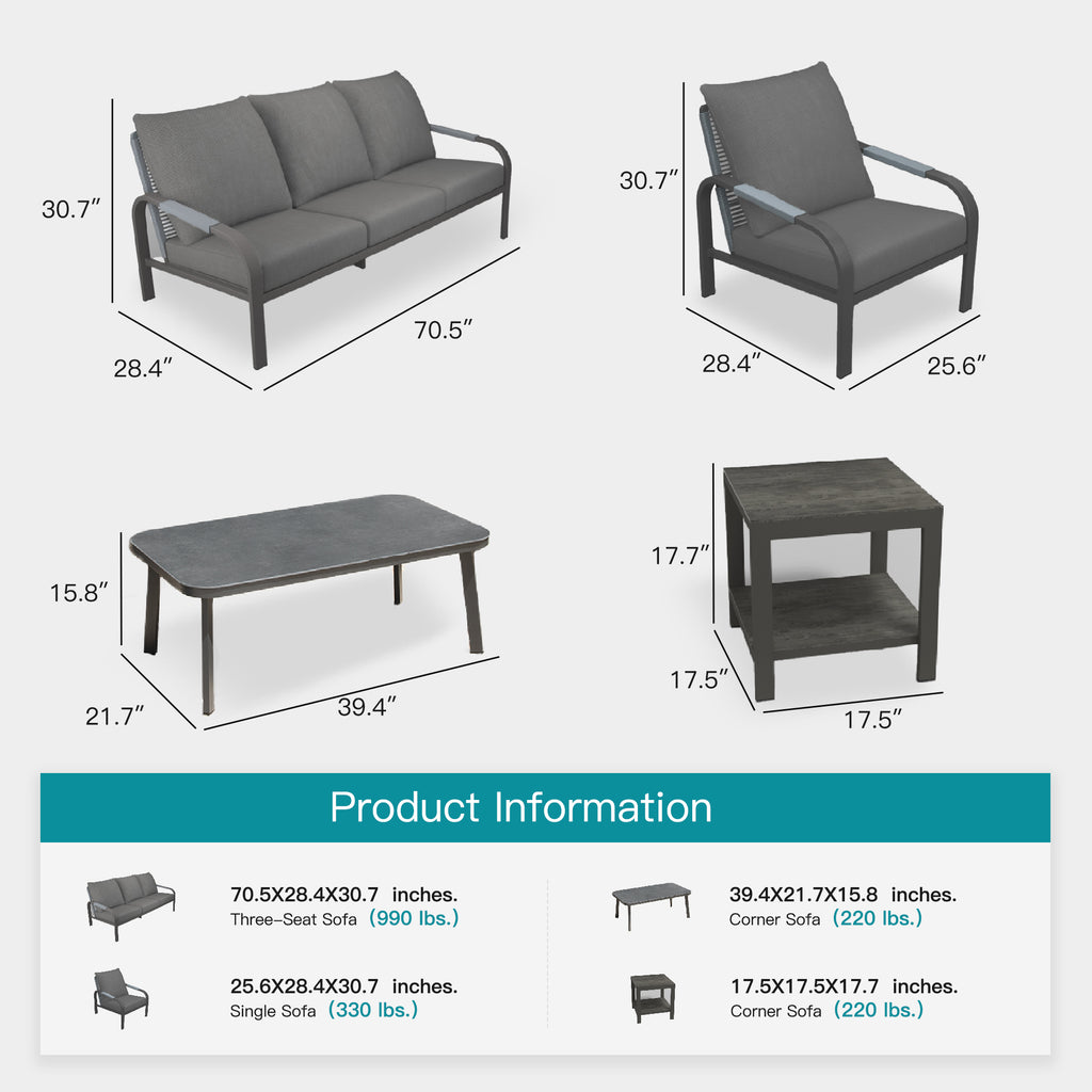 5-Piece Outdoor Patio Furniture Set – Aluminum Frame with Side Table, Hand-Woven Rattan Design, Waterproof Fabric, Ideal for Patio, Deck, and Porch (Grey)