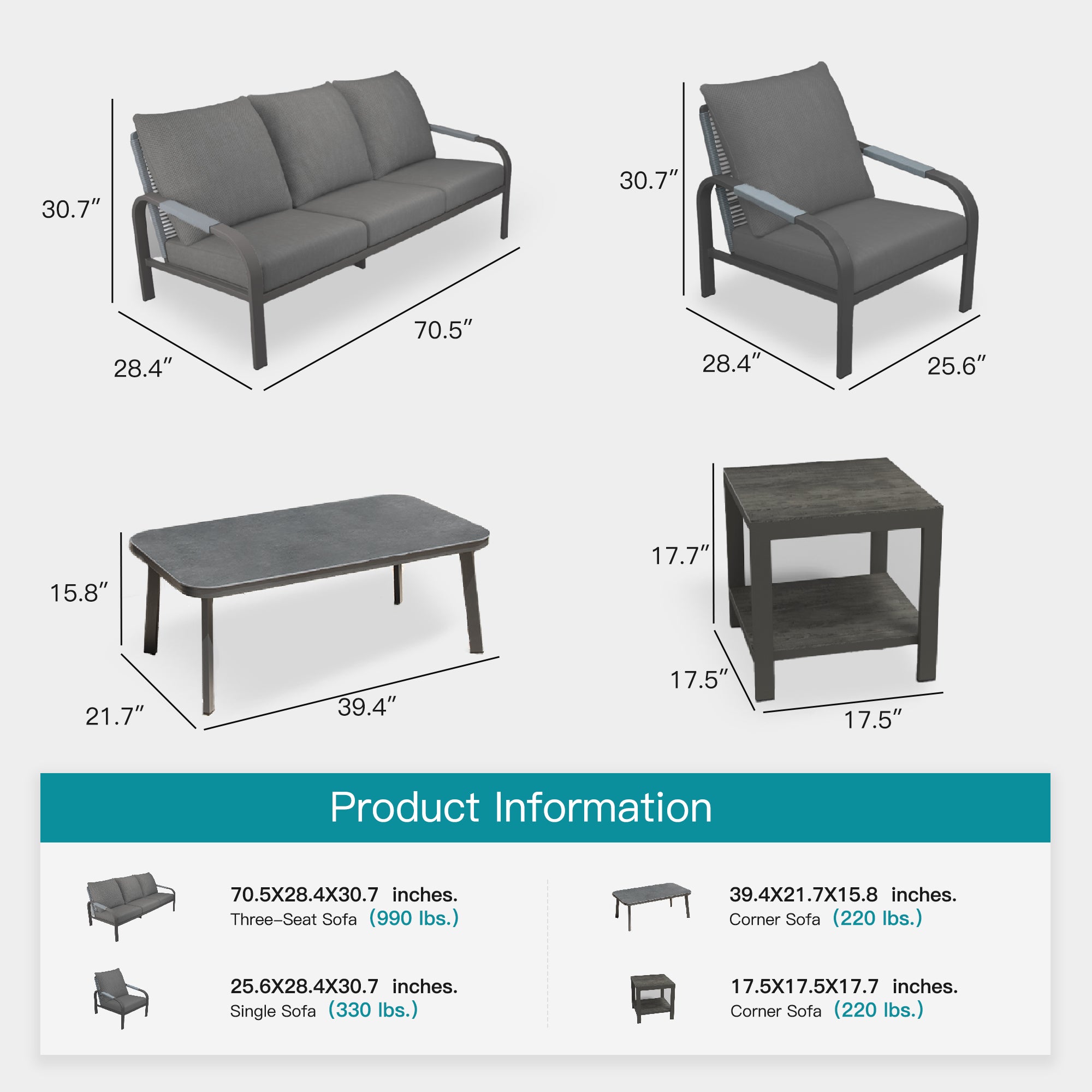 5-Piece Outdoor Patio Furniture Set – Aluminum Frame with Side Table, Hand-Woven Rattan Design, Waterproof Fabric, Ideal for Patio, Deck, and Porch (Grey)