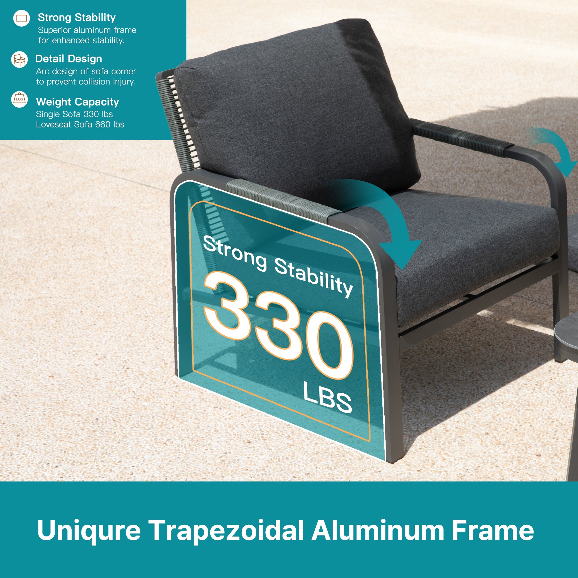 4-Piece Aluminum Outdoor Sofa Set with Coffee Table – 3-Seat Sofa and Rattan-Style Backrests, Perfect for Patio, Balcony, Garden (Grey)