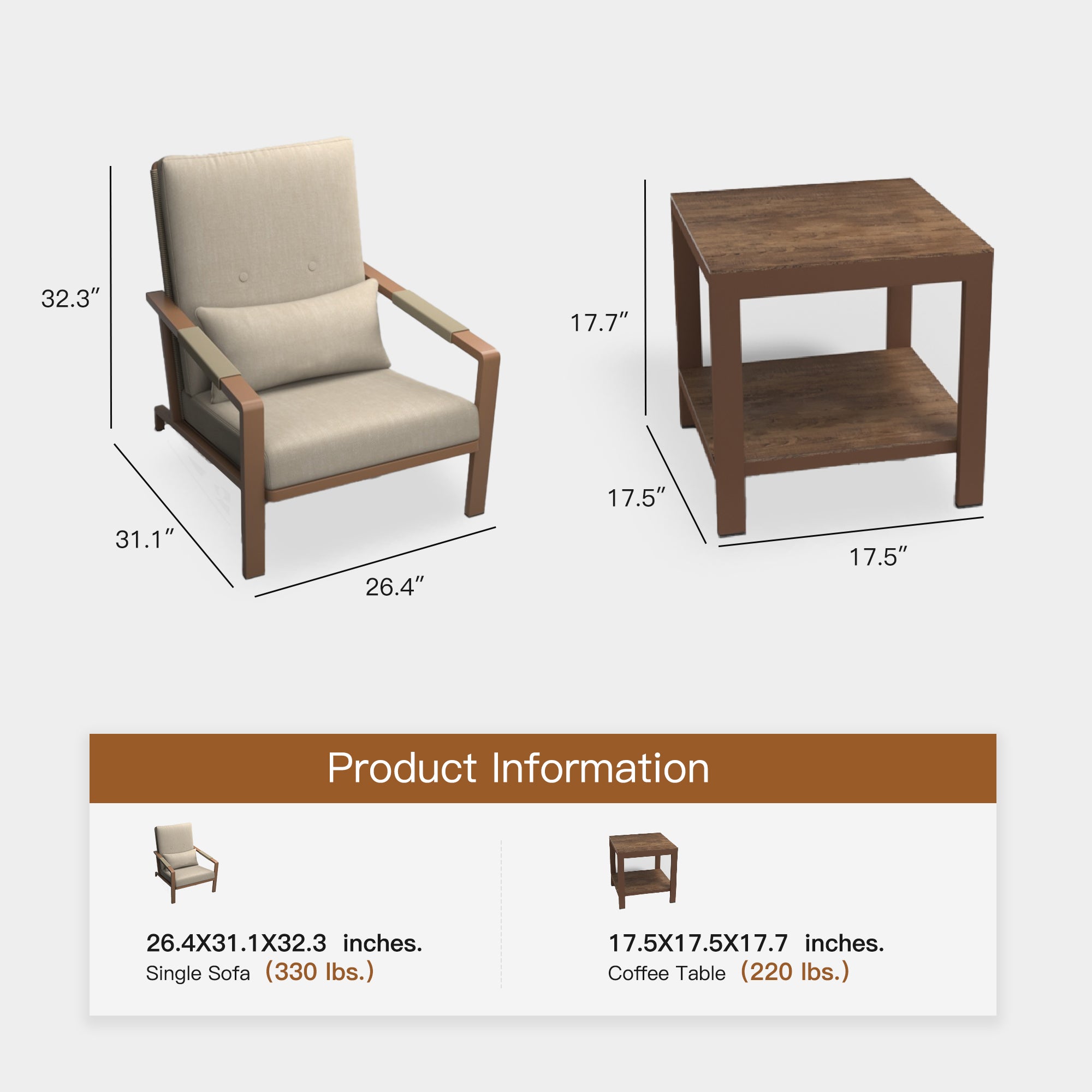 Patio Furniture Set, 3 Pieces Outdoor Patio Furniture with Coffee Table Set, Metal Patio Conversation Sets with Washable and High-Resiliency Sponge Cushions, Upgarded Beige