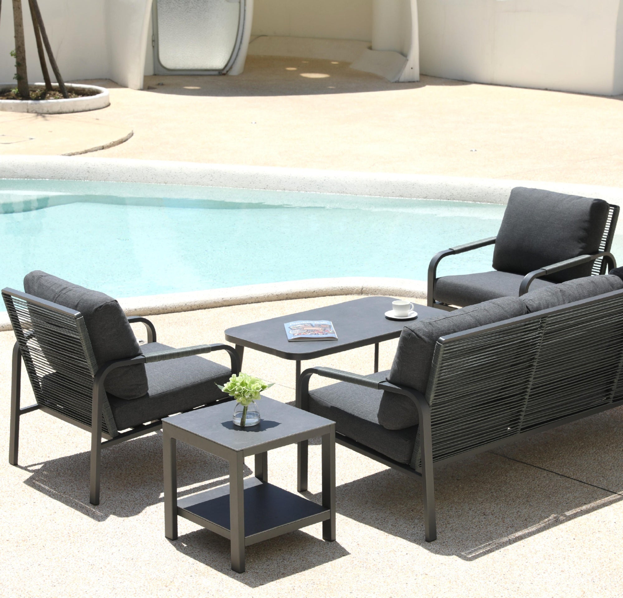 5-Piece Outdoor Patio Furniture Set – Aluminum Frame with Side Table, Hand-Woven Rattan Design, Waterproof Fabric, Ideal for Patio, Deck, and Porch (Grey)