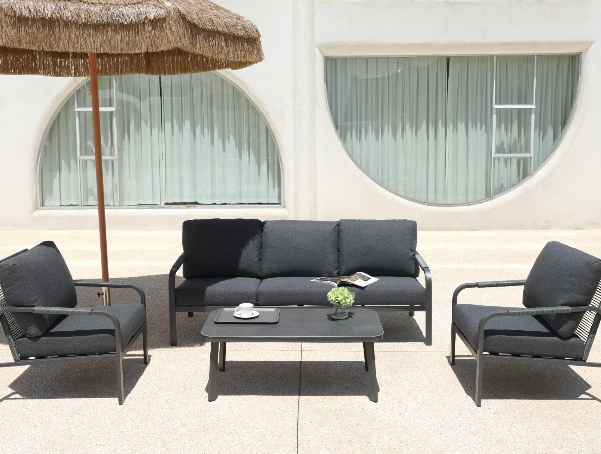 4-Piece Aluminum Outdoor Sofa Set with Coffee Table – 3-Seat Sofa and Rattan-Style Backrests, Perfect for Patio, Balcony, Garden (Grey)