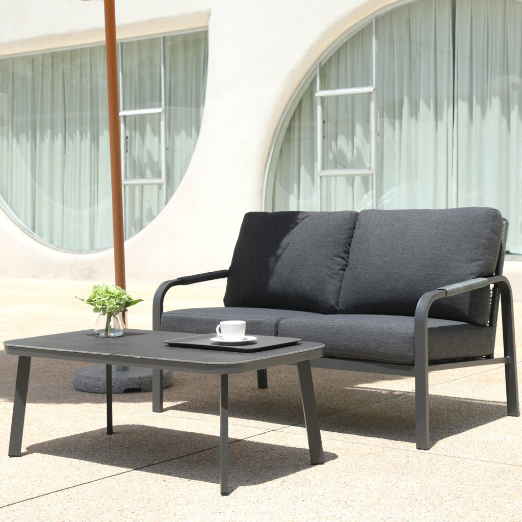 Aluminum Outdoor 2-Piece Sofa Set – Patio Armchairs with Washable Cushions, All-Weather Outdoor Furniture for Balcony, Patio, and Terrace (Beige) (Grey, Loveseat+Coffee Table)