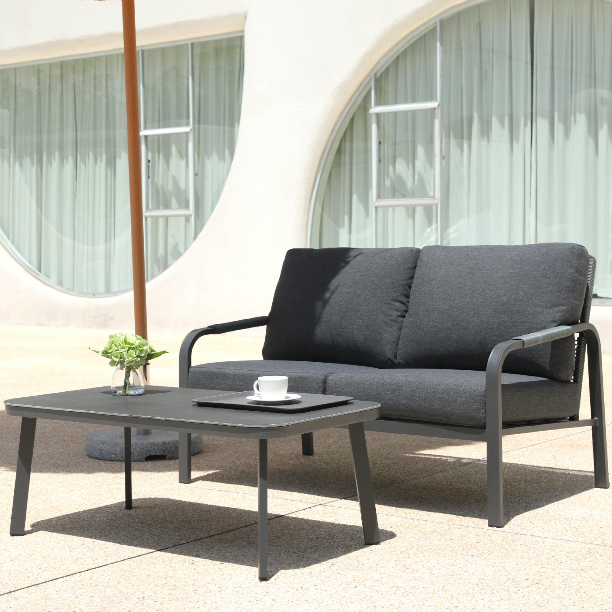 Aluminum Outdoor 2-Piece Sofa Set – Patio Armchairs with Washable Cushions, All-Weather Outdoor Furniture for Balcony, Patio, and Terrace (Beige) (Grey, Loveseat+Coffee Table)