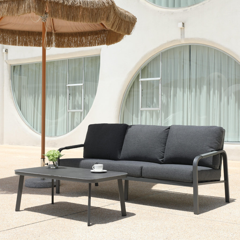 Aluminum Outdoor 2-Piece Sofa Set – Patio Armchairs with Washable Cushions, All-Weather Outdoor Furniture for Balcony, Patio, and Terrace (Beige) (Grey, Three-seat+Coffee Table)