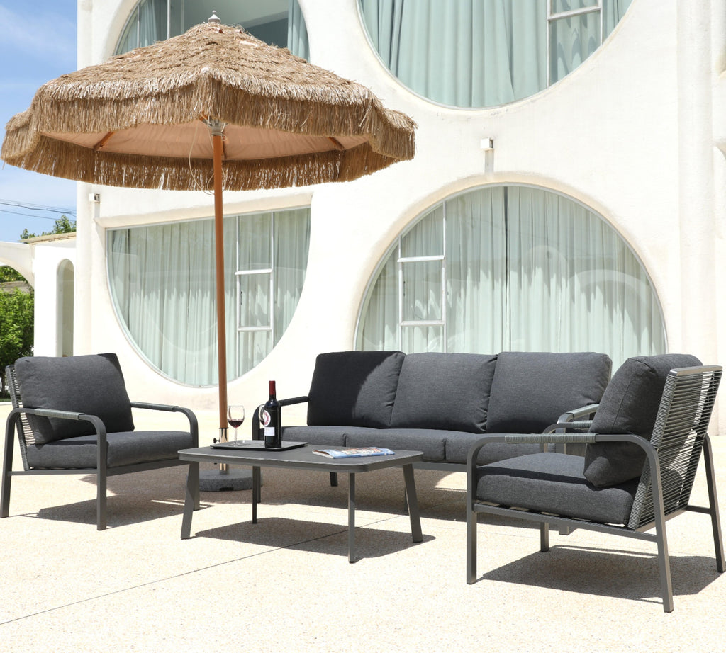 4-Piece Aluminum Outdoor Sofa Set with Coffee Table – 3-Seat Sofa and Rattan-Style Backrests, Perfect for Patio, Balcony, Garden (Grey)