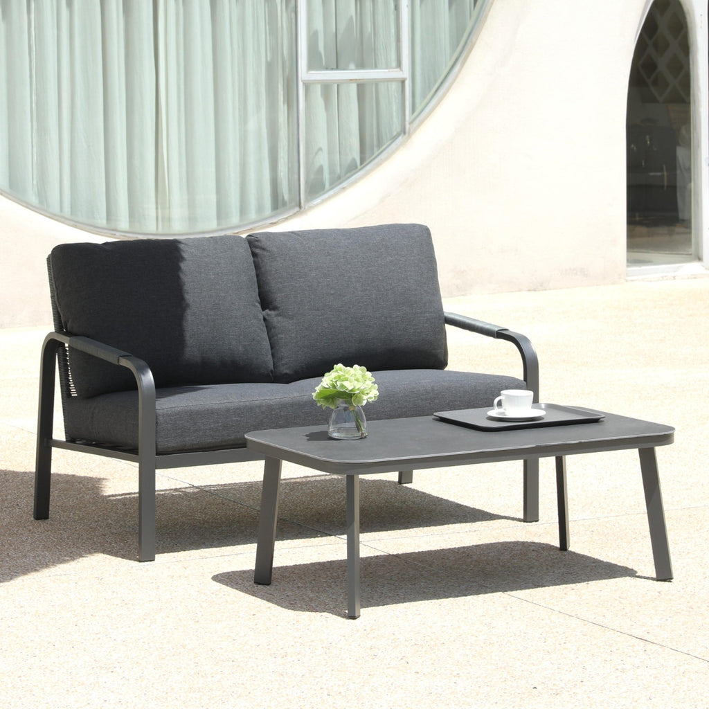 Aluminum Outdoor 2-Piece Sofa Set – Patio Armchairs with Washable Cushions, All-Weather Outdoor Furniture for Balcony, Patio, and Terrace (Beige) (Grey, Loveseat+Coffee Table)