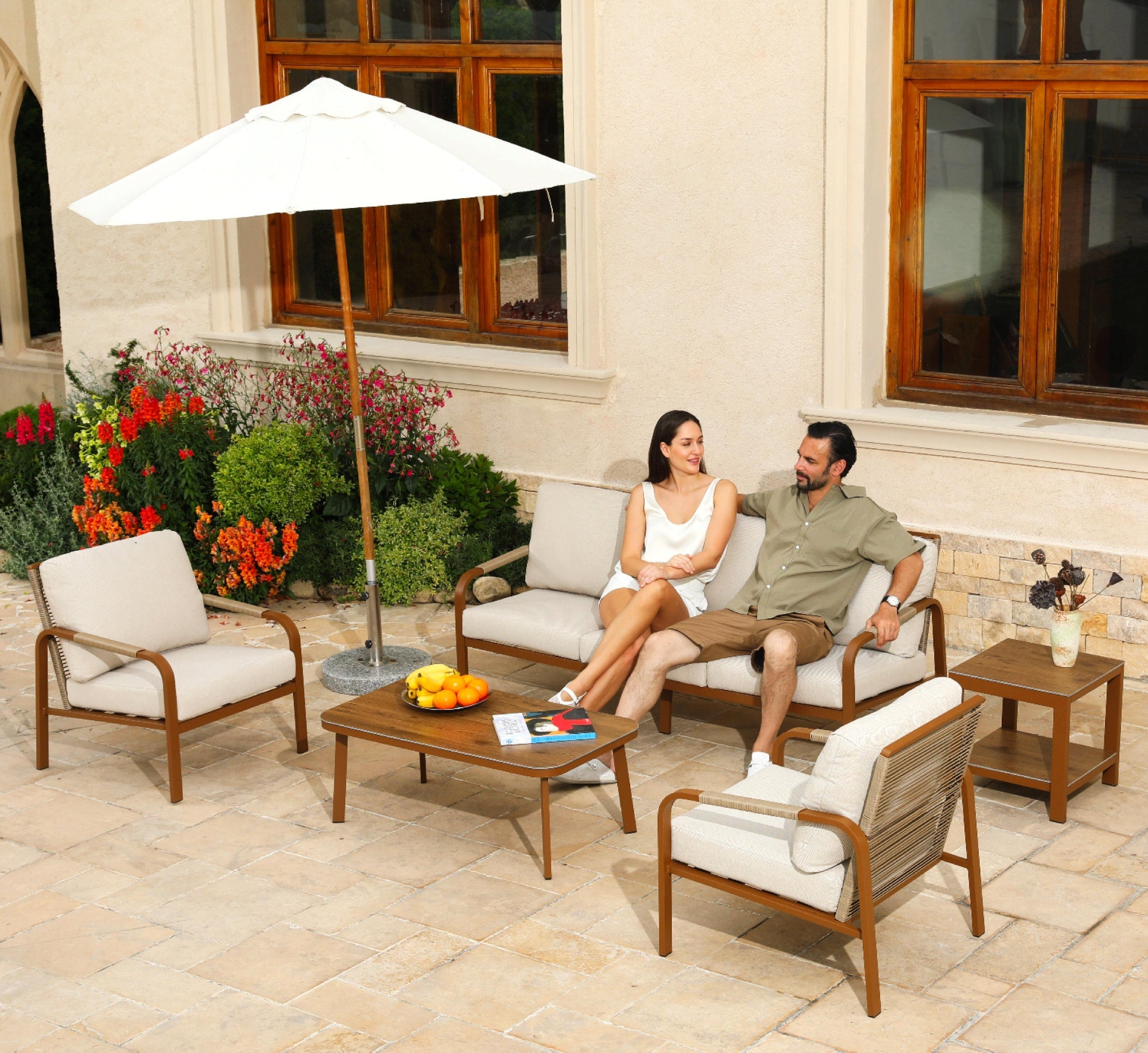 5-Piece Outdoor Patio Sofa Set with Side Table – Hand-Woven Rattan Design, Aluminum Frame, Waterproof Cushions, Perfect for Terrace, Porch, and Balcony (Beige)