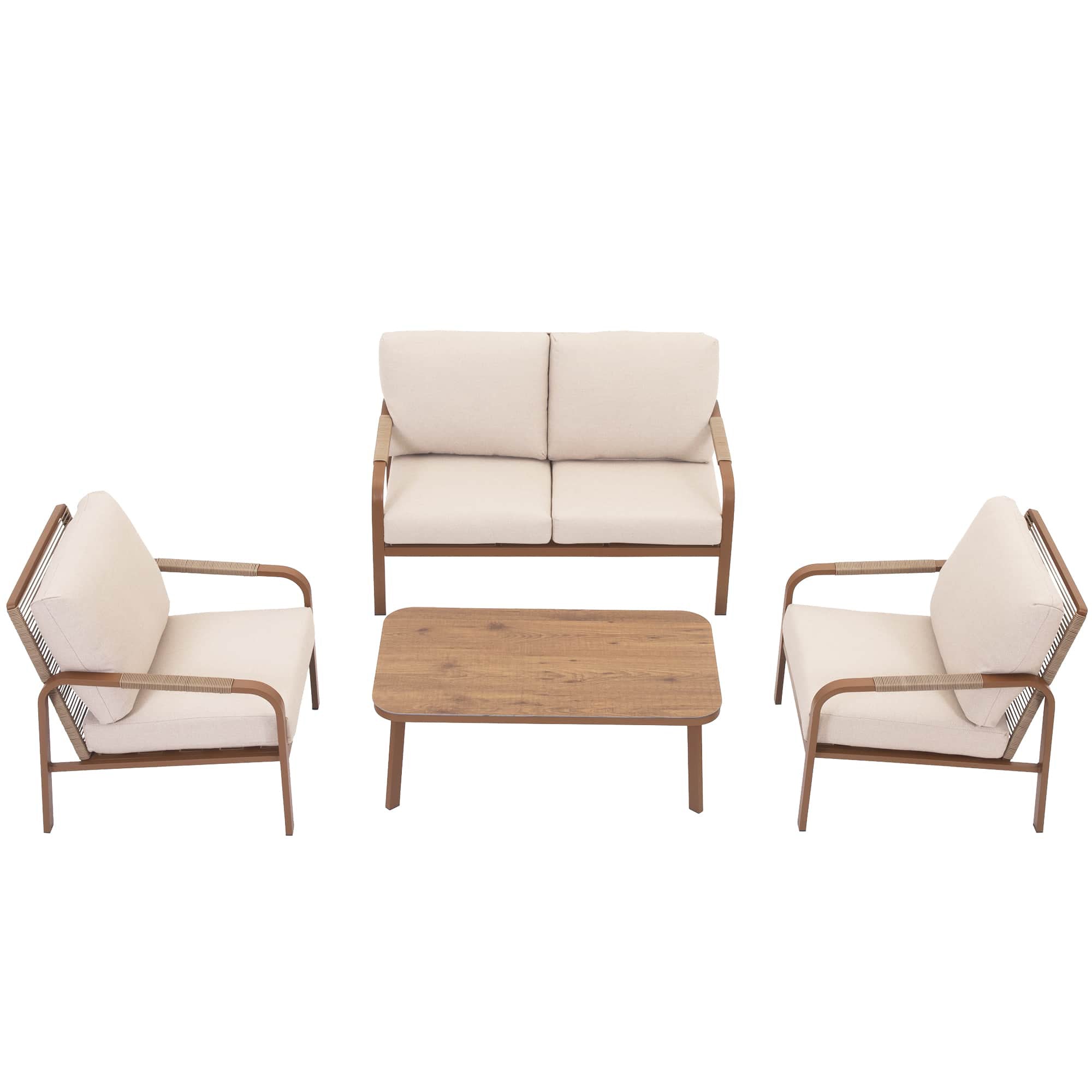 Aluminum Patio Furniture Set, 4 Pieces Outdoor Patio Furniture with Coffee Table Set, Metal Patio Conversation Sets with Washable and High-Resiliency Sponge Cushions,Brown&Beige