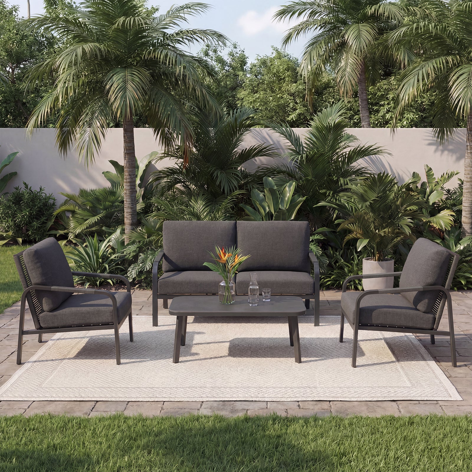 Aluminum Patio Conversation Set, 4-Piece Outdoor Furniture with Coffee Table, Loveseat and Cushions, All-Weather Sofa Set, Grey