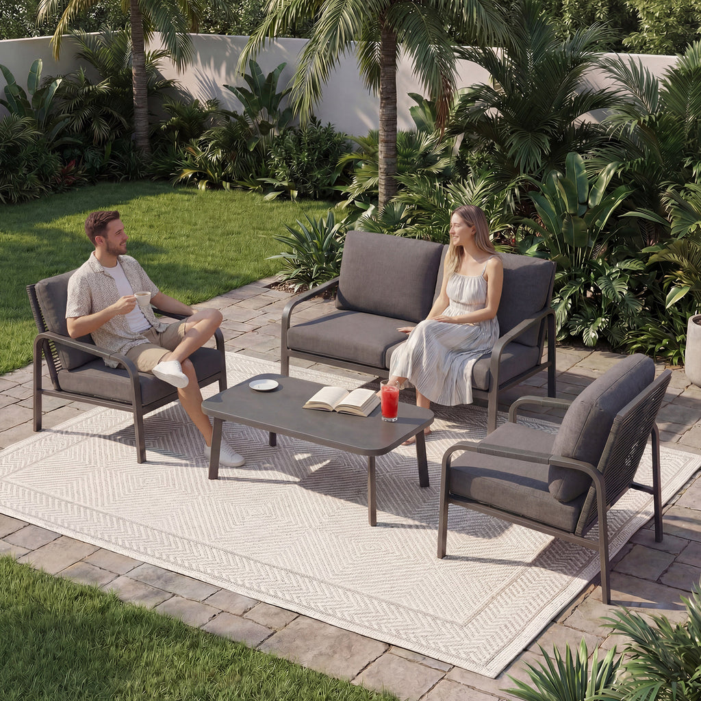 Aluminum Patio Conversation Set, 4-Piece Outdoor Furniture with Coffee Table, Loveseat and Cushions, All-Weather Sofa Set, Grey