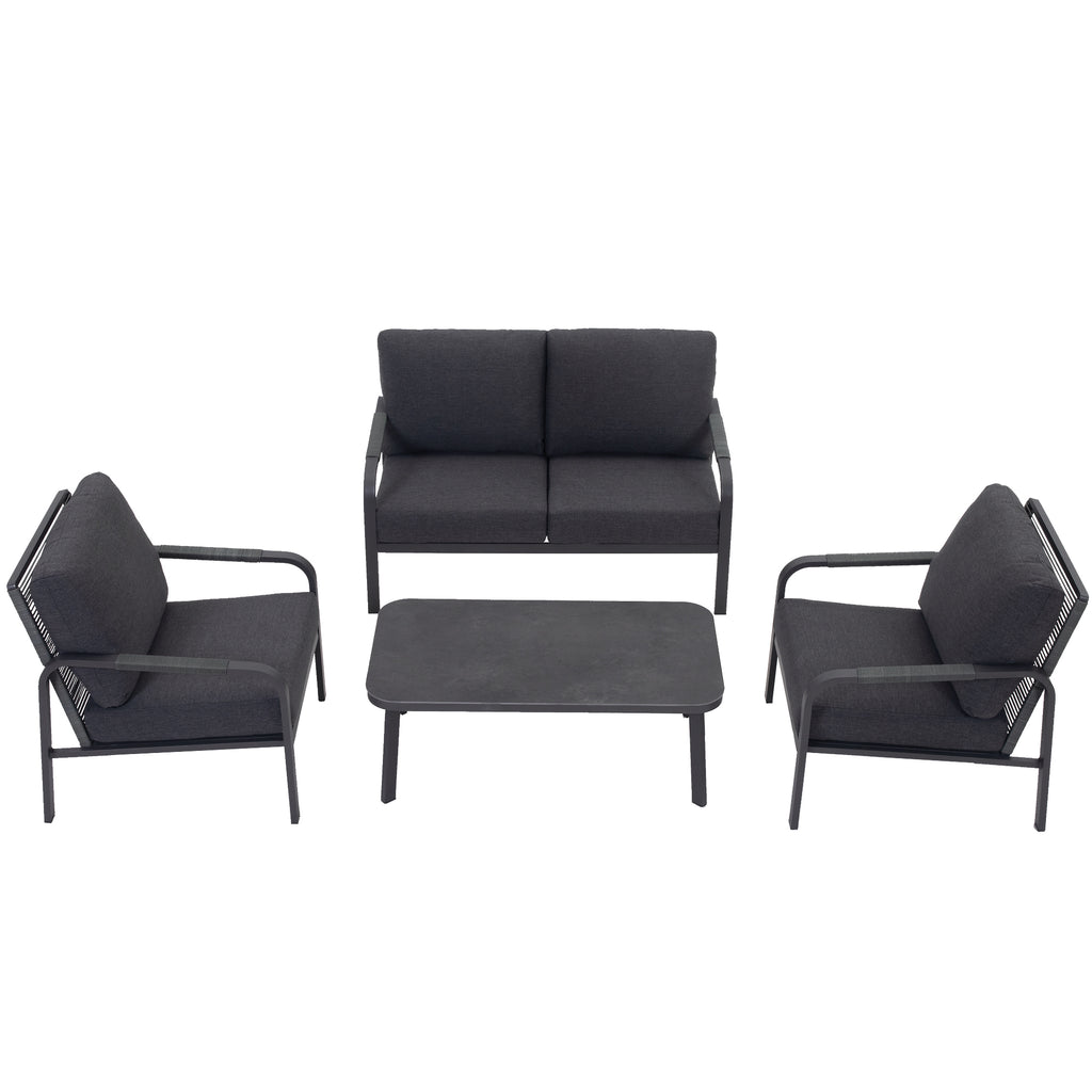 Aluminum Patio Conversation Set, 4-Piece Outdoor Furniture with Coffee Table, Loveseat and Cushions, All-Weather Sofa Set, Grey