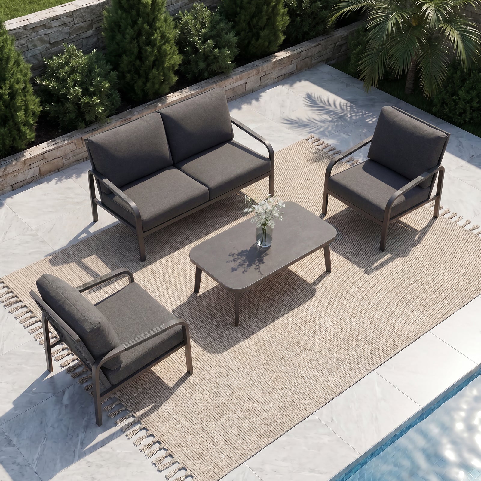 Aluminum Patio Conversation Set, 4-Piece Outdoor Furniture with Coffee Table, Loveseat and Cushions, All-Weather Sofa Set, Grey