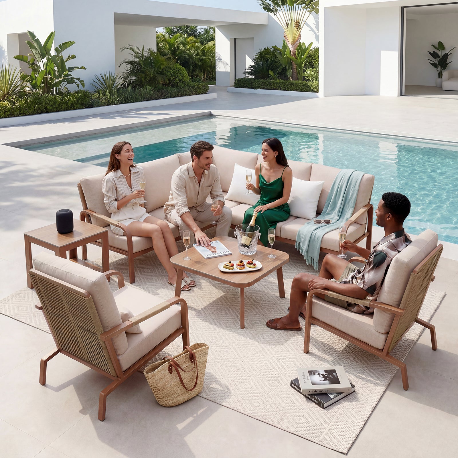 5-Piece Aluminum Patio Furniture Set, Outdoor L-Shaped Sectional Sofa with Coffee Table & Side Table, Patio 3-Piece Sofa Set, Thick Waterproof Cushions, Modern Outdoor Conversation Set, Beige