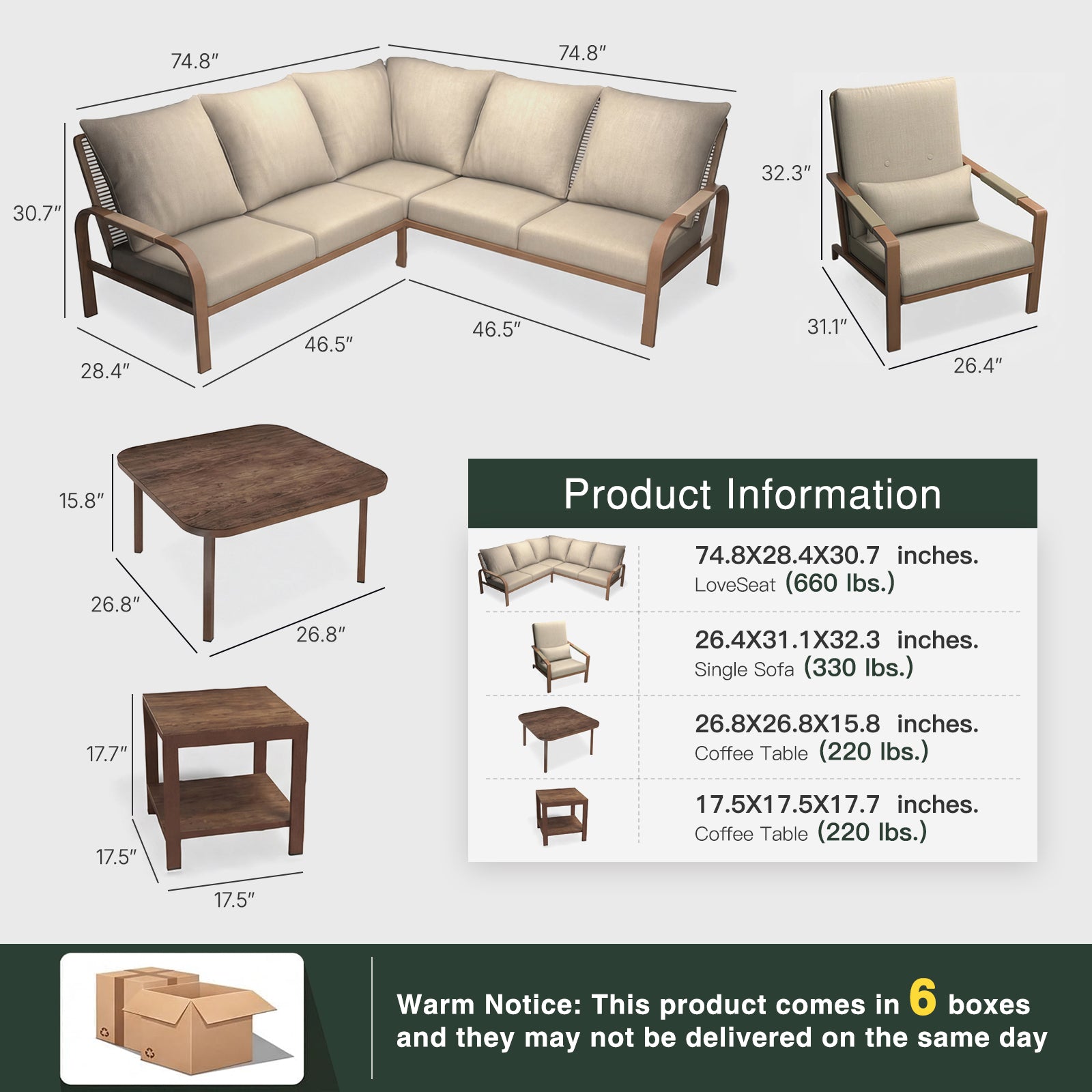 5-Piece Aluminum Patio Furniture Set, Outdoor L-Shaped Sectional Sofa with Coffee Table & Side Table, Patio 3-Piece Sofa Set, Thick Waterproof Cushions, Modern Outdoor Conversation Set, Beige