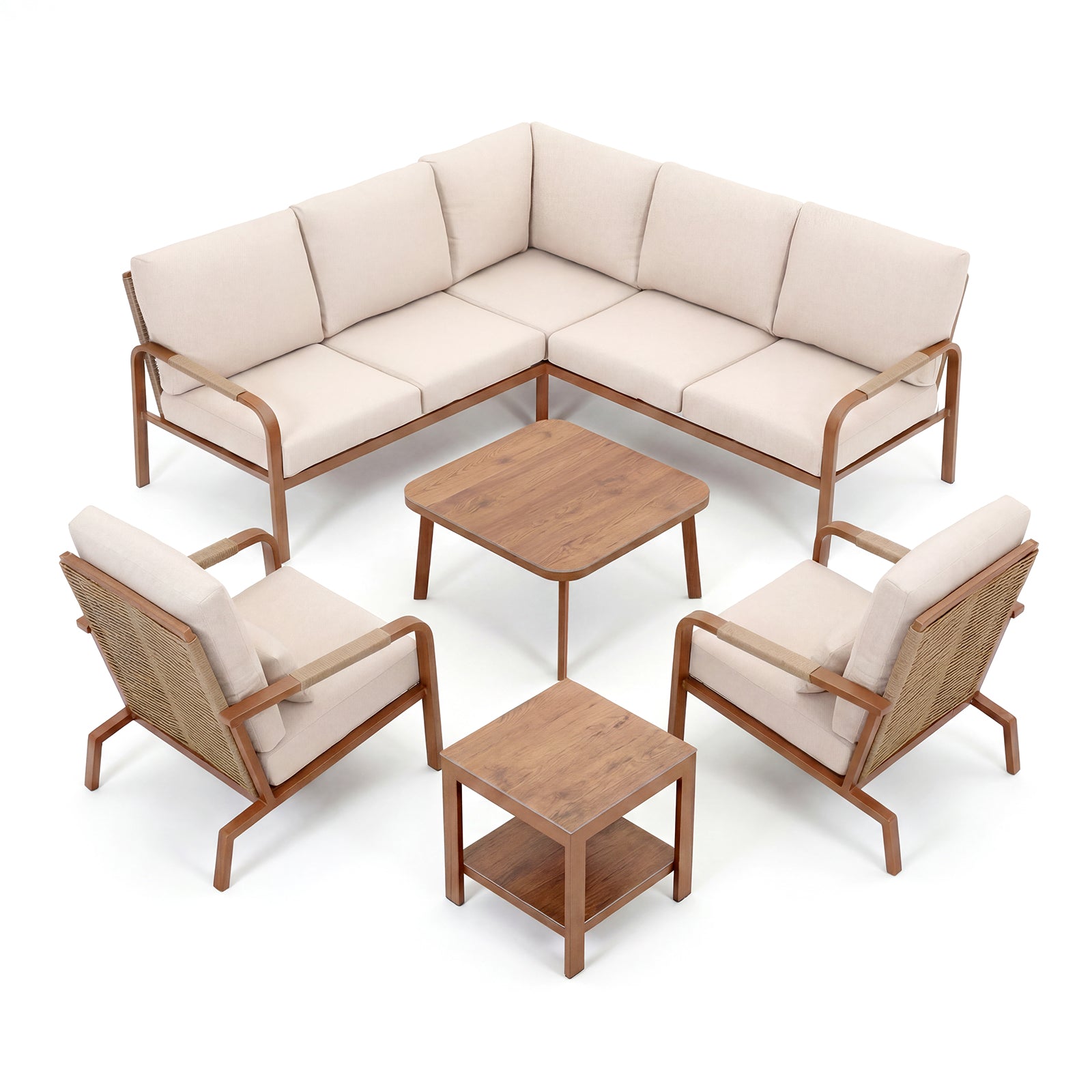 5-Piece Aluminum Patio Furniture Set, Outdoor L-Shaped Sectional Sofa with Coffee Table & Side Table, Patio 3-Piece Sofa Set, Thick Waterproof Cushions, Modern Outdoor Conversation Set, Beige