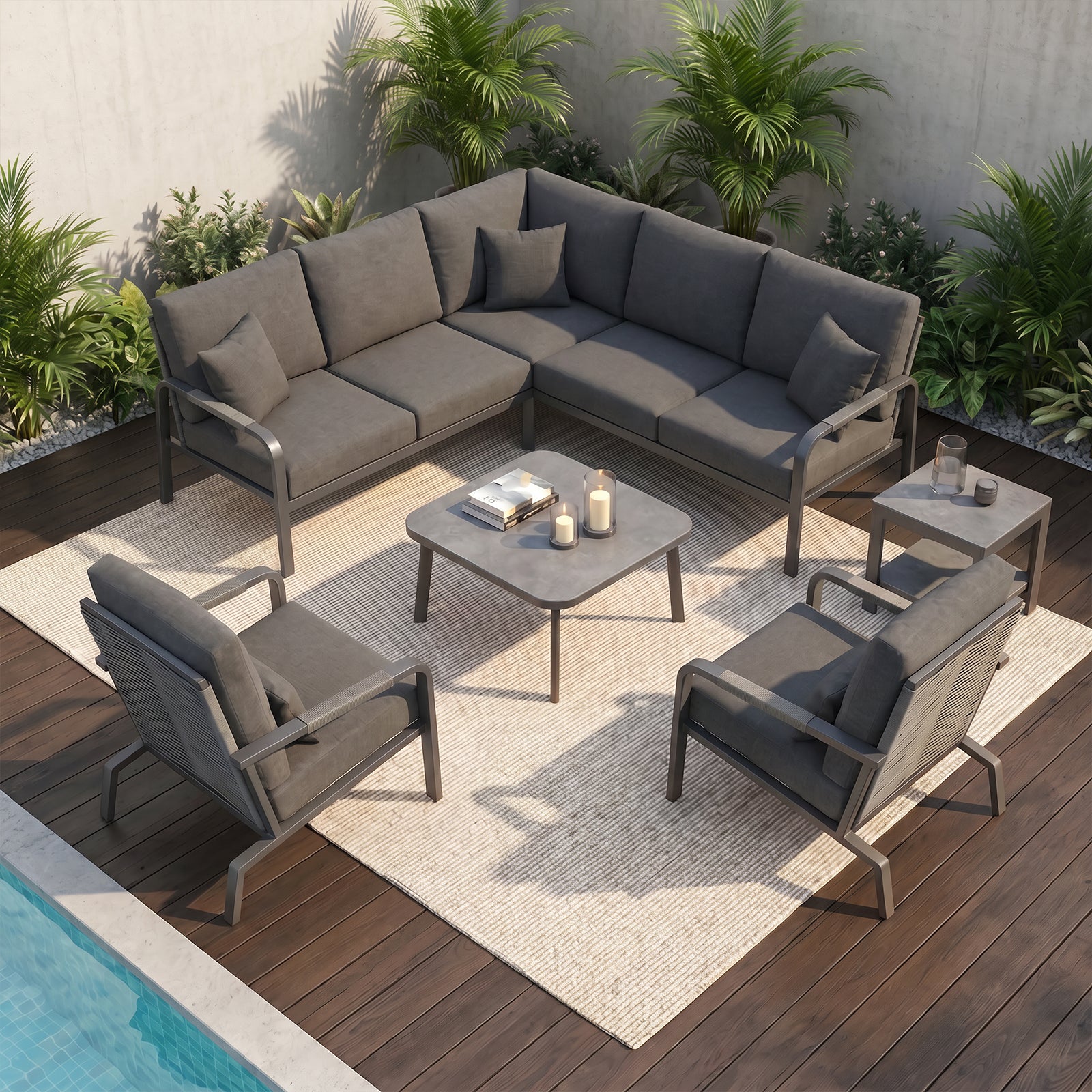 5-Piece Aluminum Patio Furniture Set, Outdoor L-Shaped Sectional Sofa with Coffee Table & Side Table, Patio 3-Piece Sofa Set, Thick Waterproof Cushions, Modern Outdoor Conversation Set, Gray