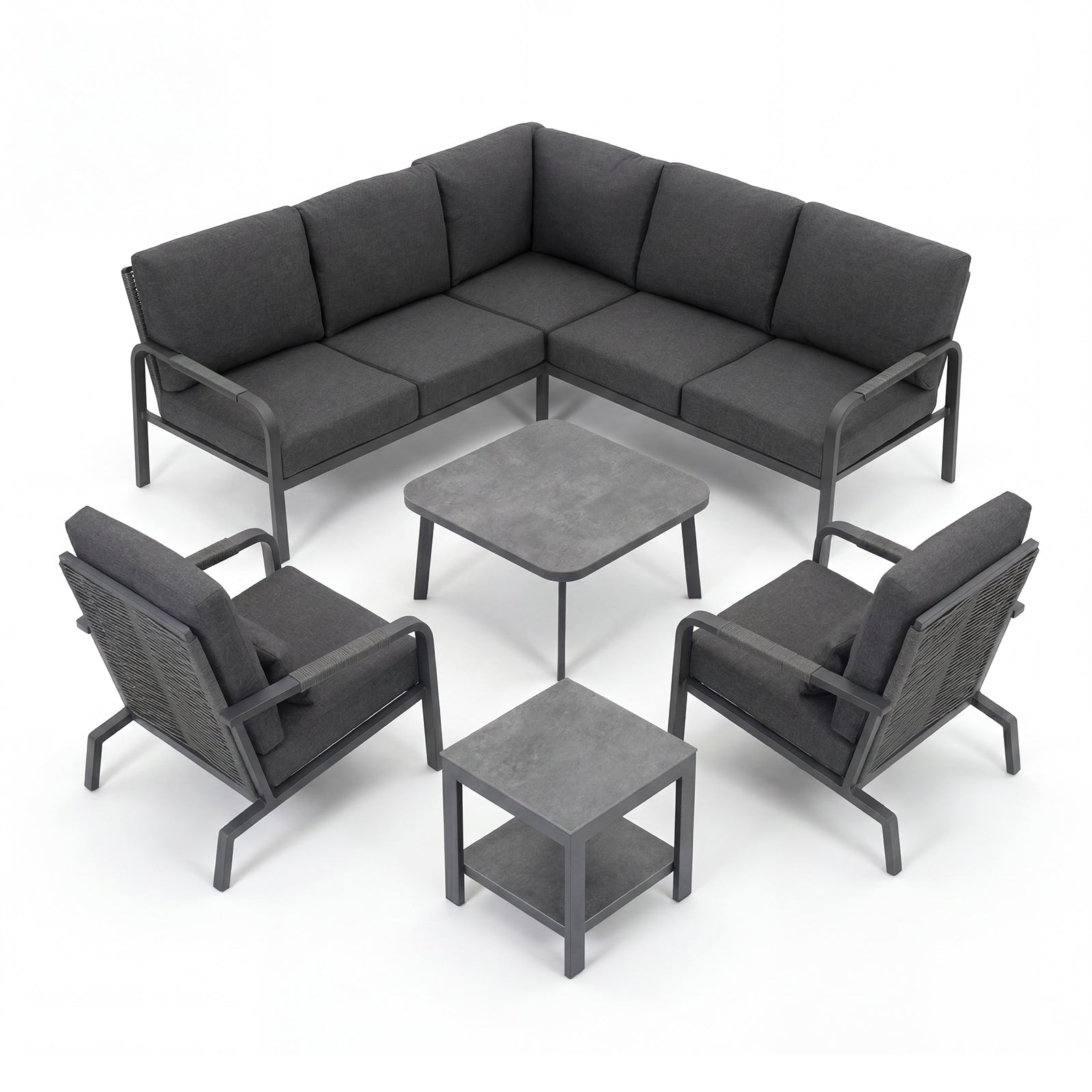 5-Piece Aluminum Patio Furniture Set, Outdoor L-Shaped Sectional Sofa with Coffee Table & Side Table, Patio 3-Piece Sofa Set, Thick Waterproof Cushions, Modern Outdoor Conversation Set, Gray