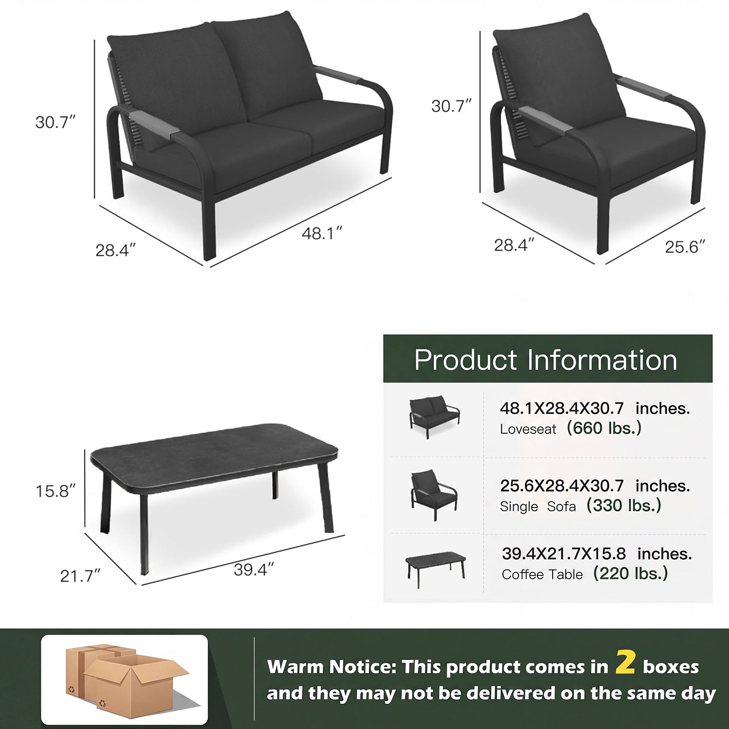 Aluminum Patio Conversation Set, 4-Piece Outdoor Furniture with Coffee Table, Loveseat and Cushions, All-Weather Sofa Set, Grey