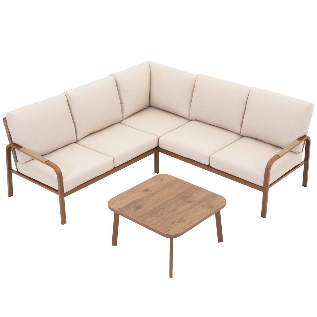 4-Piece Aluminum Outdoor Furniture Set with Coffee Table – 2-Seat Sofa with Cushions, All-Weather Metal Frame, Perfect for Patio, Garden, and Balcony,Beige (Beige, Corner Sofa Set)