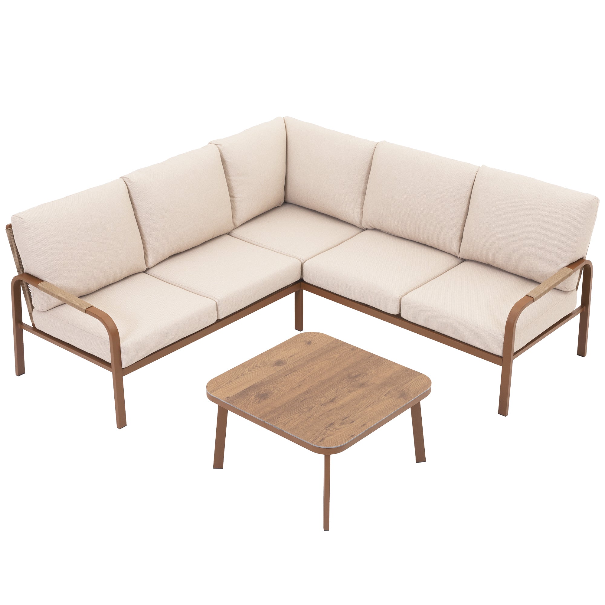 4-Piece Aluminum Outdoor Furniture Set with Coffee Table – 2-Seat Sofa with Cushions, All-Weather Metal Frame, Perfect for Patio, Garden, and Balcony,Beige (Beige, Corner Sofa Set)