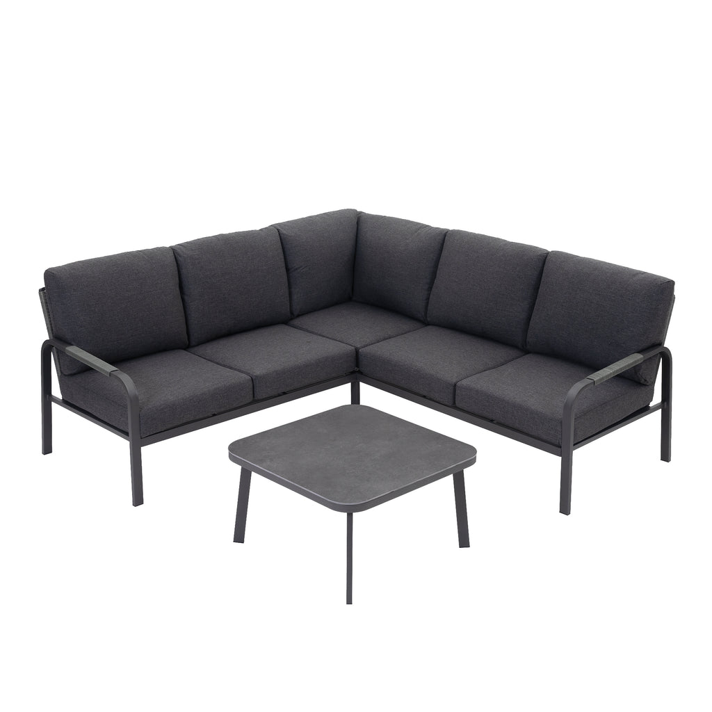 4-Piece Aluminum Outdoor Furniture Set with Coffee Table – 2-Seat Sofa with Cushions, All-Weather Metal Frame, Perfect for Patio, Garden, and Balcony,Beige (Grey, Corner Sofa Set)